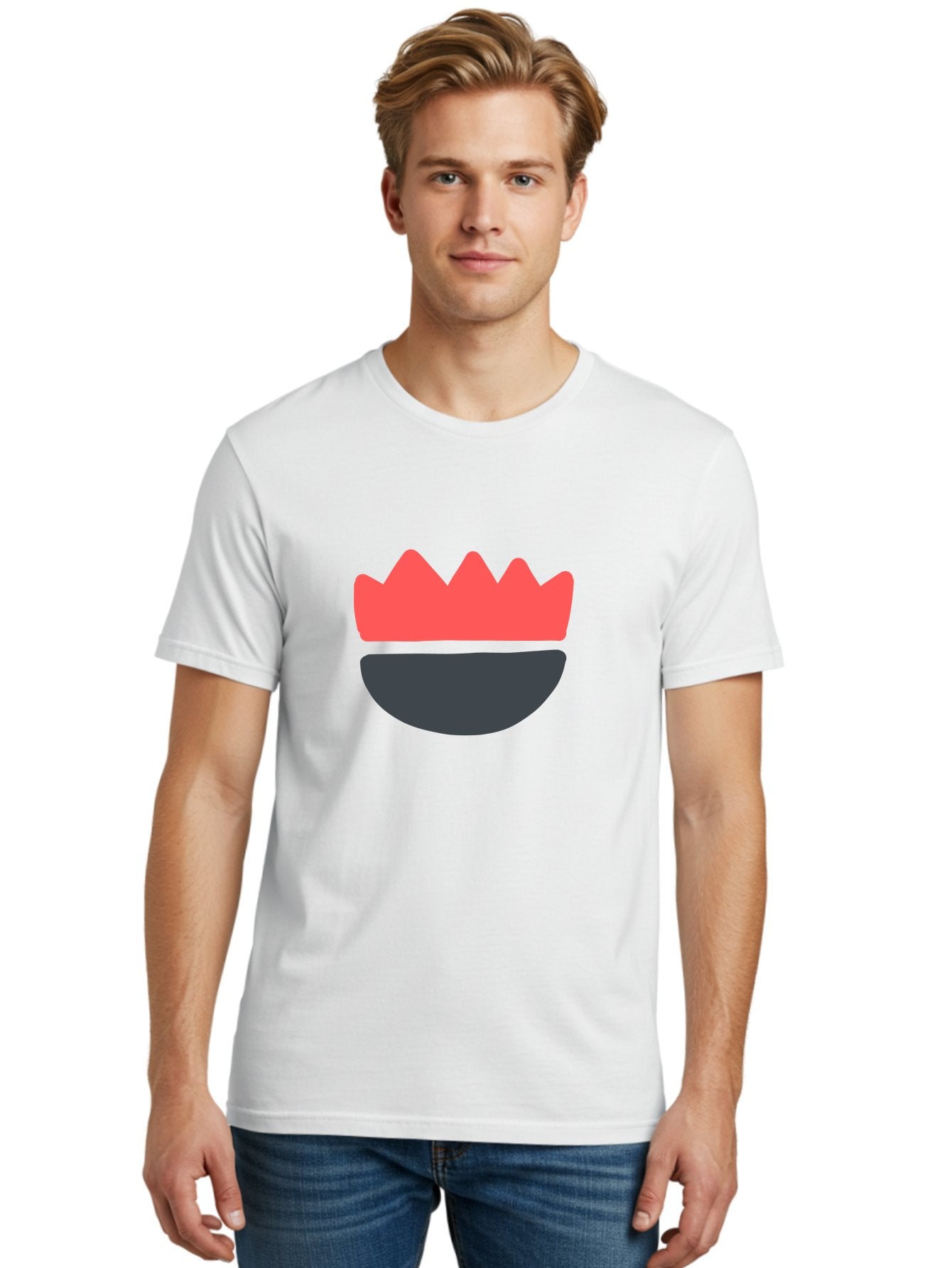 Crown-Smiley Men'S Graphic Tee, 100% Cotton, Comfortable Casual Summer Wear, Machine Washable, Coral Crown, Dark Grey Bowl, Minimalist Design, Simple Shapes, Modern Aesthetic, Bold Colors Aab684 29