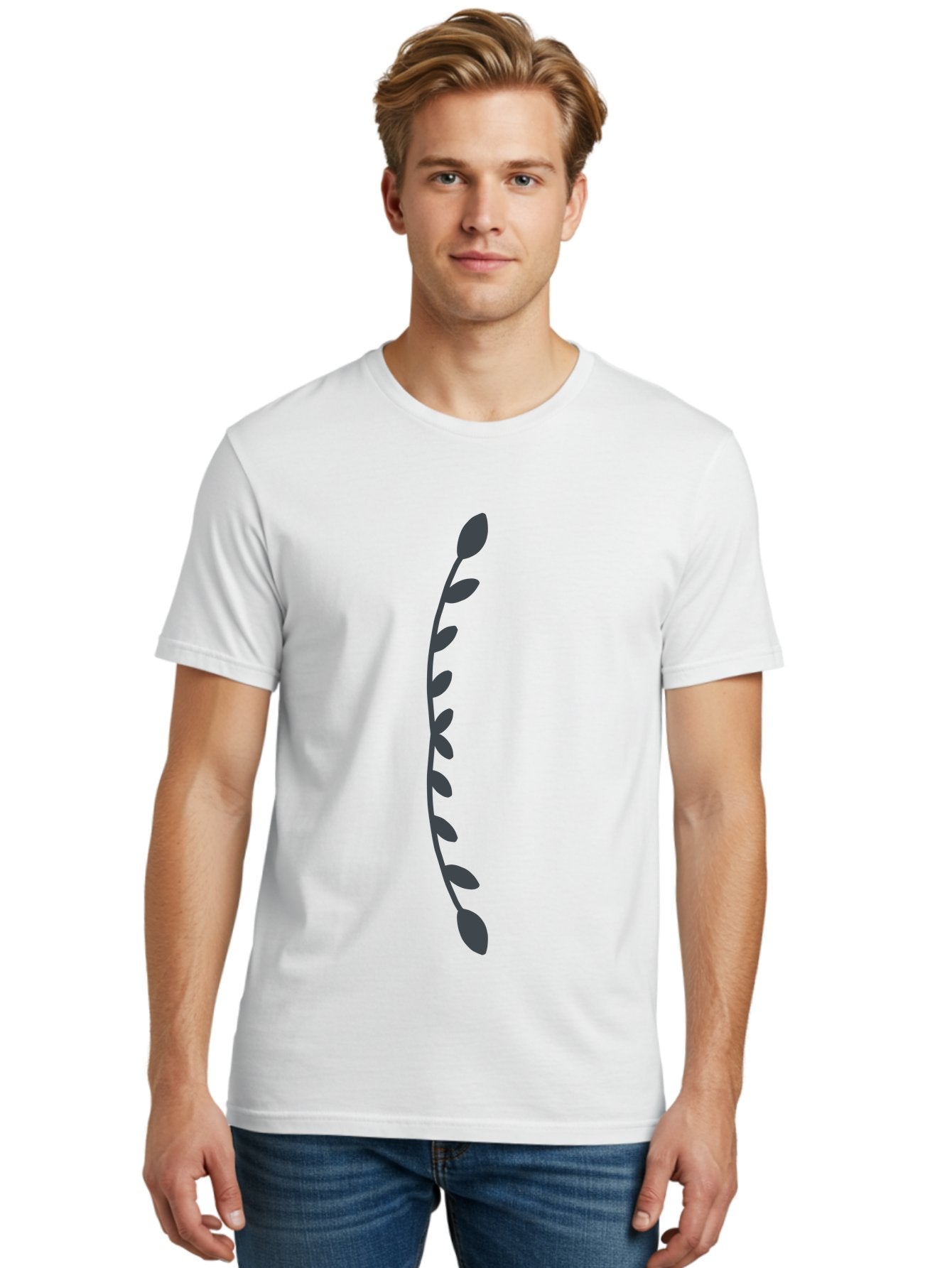 Curved-Dark-Grey-Stem-With-Leaves Men'S Graphic Tee, 100% Cotton, Comfortable Casual Summer Wear, Machine Washable, Curved Stem, Leaves, Botanical Illustration, Simple Design, Minimalist Art, Natural Elements, Plant Silhouette, Digital Art Aab685 29