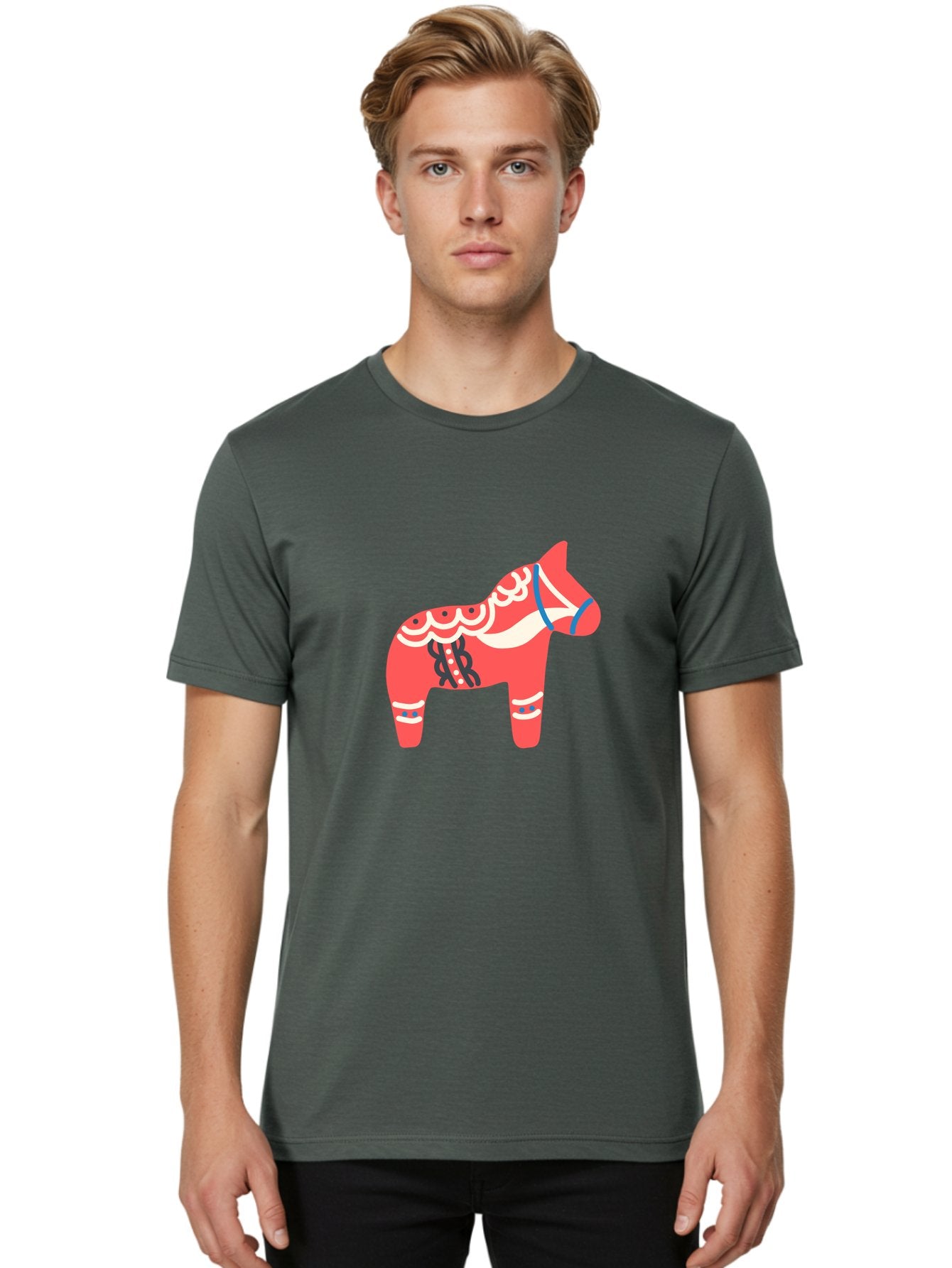 Dala-Horse-1 Men'S Graphic Tee, 100% Cotton, Comfortable Casual Summer Wear, Machine Washable, Traditional Swedish Dala Horse, Red Horse, White And Blue Accents, Folk Art Design, Cultural Heritage, Scandinavian Symbol, Wooden Horse, Aab686 30