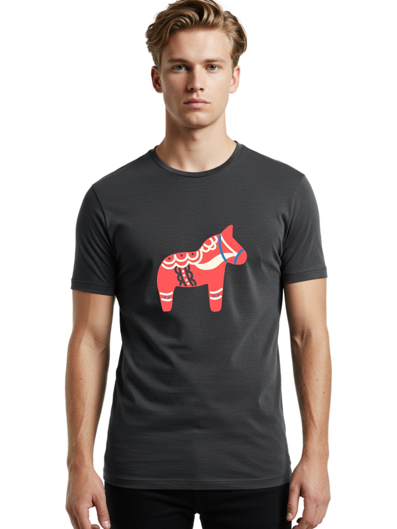 Dala-Horse-1 Men'S Graphic Tee, 100% Cotton, Comfortable Casual Summer Wear, Machine Washable, Traditional Swedish Dala Horse, Red Horse, White And Blue Accents, Folk Art Design, Cultural Heritage, Scandinavian Symbol, Wooden Horse, Aab686 19