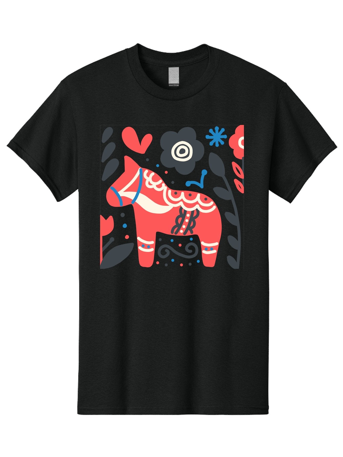 Dala-Horse Men'S Graphic Tee, 100% Cotton, Comfortable Casual Summer Wear, Machine Washable, Traditional Swedish Dala Horse, Folk Art, Floral Patterns, Vibrant Red, Whimsical Design, Decorative Elements, Festive Atmosphere, Cultural Heritage, Aab687 8