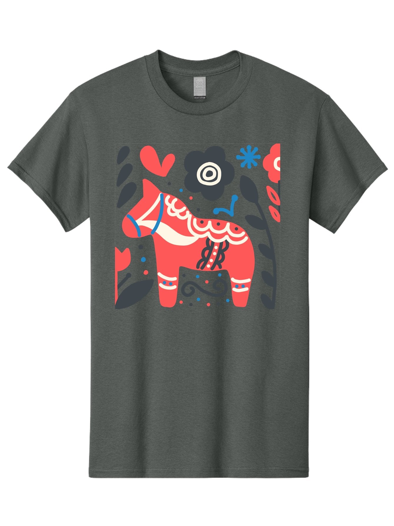 Dala-Horse Men'S Graphic Tee, 100% Cotton, Comfortable Casual Summer Wear, Machine Washable, Traditional Swedish Dala Horse, Folk Art, Floral Patterns, Vibrant Red, Whimsical Design, Decorative Elements, Festive Atmosphere, Cultural Heritage, Aab687 15