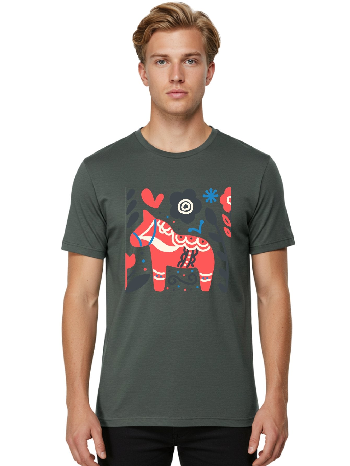 Dala-Horse Men'S Graphic Tee, 100% Cotton, Comfortable Casual Summer Wear, Machine Washable, Traditional Swedish Dala Horse, Folk Art, Floral Patterns, Vibrant Red, Whimsical Design, Decorative Elements, Festive Atmosphere, Cultural Heritage, Aab687 30