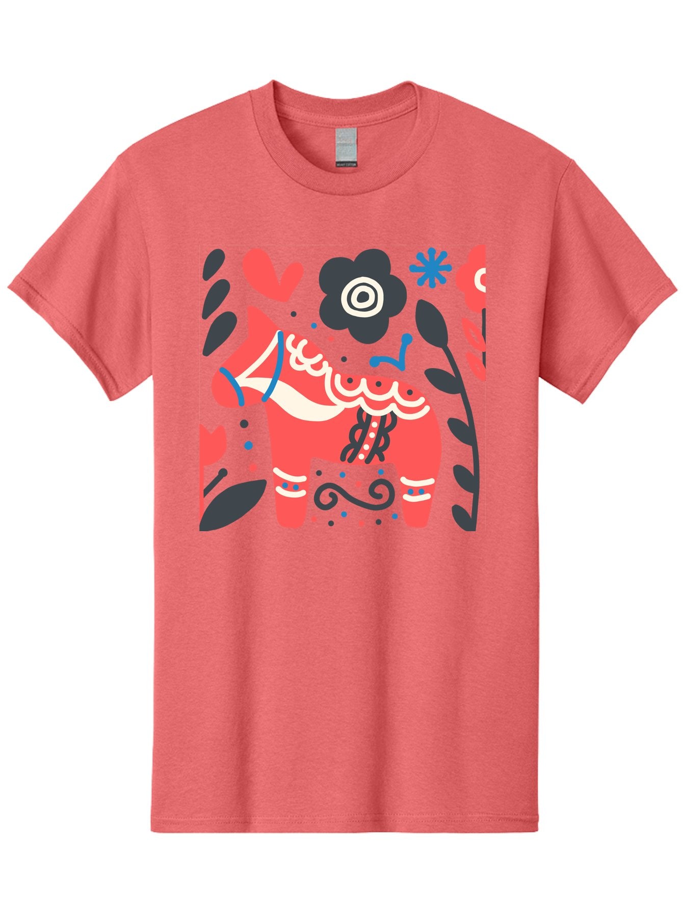 Dala-Horse Men'S Graphic Tee, 100% Cotton, Comfortable Casual Summer Wear, Machine Washable, Traditional Swedish Dala Horse, Folk Art, Floral Patterns, Vibrant Red, Whimsical Design, Decorative Elements, Festive Atmosphere, Cultural Heritage, Aab687 13