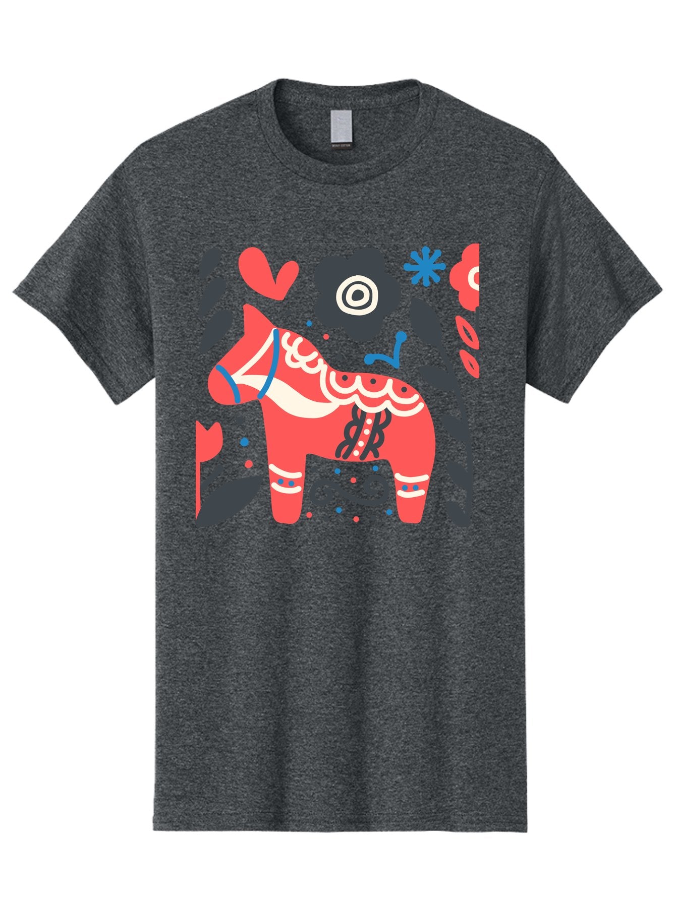 Dala-Horse Men'S Graphic Tee, 100% Cotton, Comfortable Casual Summer Wear, Machine Washable, Traditional Swedish Dala Horse, Folk Art, Floral Patterns, Vibrant Red, Whimsical Design, Decorative Elements, Festive Atmosphere, Cultural Heritage, Aab687