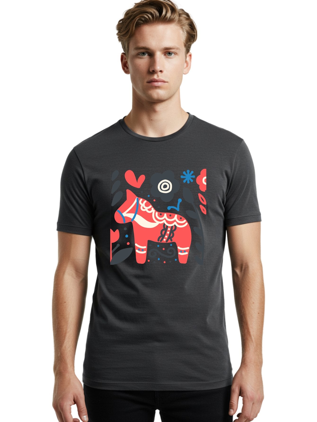 Dala-Horse Men'S Graphic Tee, 100% Cotton, Comfortable Casual Summer Wear, Machine Washable, Traditional Swedish Dala Horse, Folk Art, Floral Patterns, Vibrant Red, Whimsical Design, Decorative Elements, Festive Atmosphere, Cultural Heritage, Aab687 19