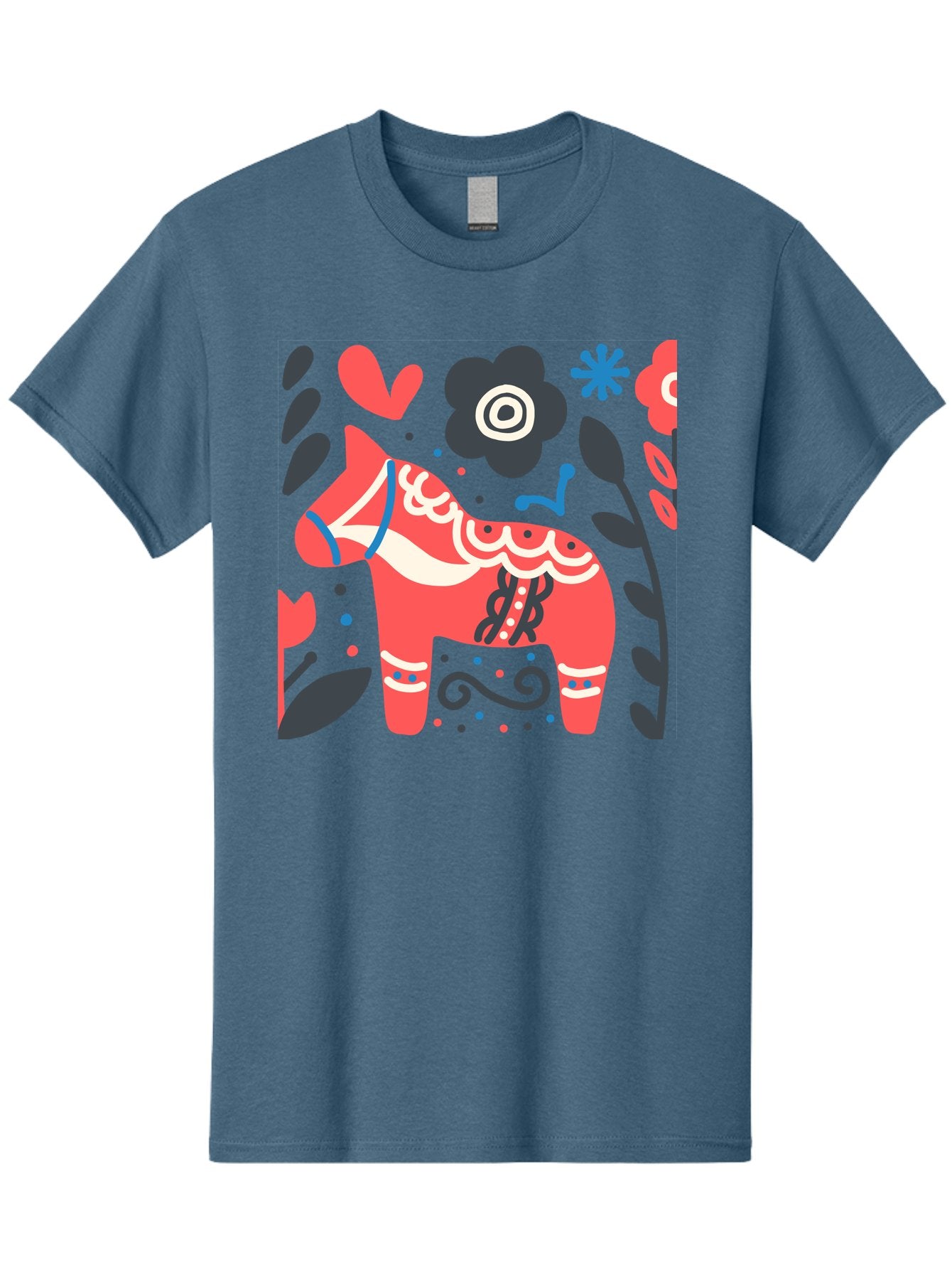 Dala-Horse Men'S Graphic Tee, 100% Cotton, Comfortable Casual Summer Wear, Machine Washable, Traditional Swedish Dala Horse, Folk Art, Floral Patterns, Vibrant Red, Whimsical Design, Decorative Elements, Festive Atmosphere, Cultural Heritage, Aab687 5