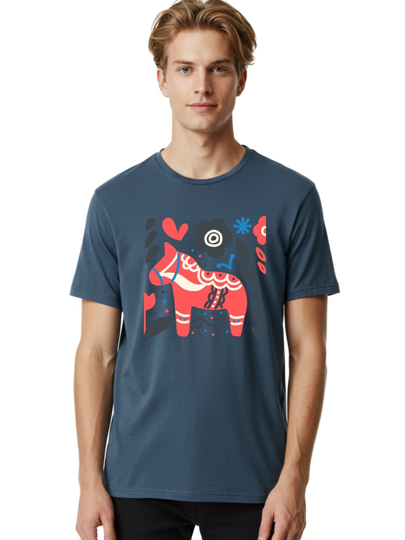 Dala-Horse Men'S Graphic Tee, 100% Cotton, Comfortable Casual Summer Wear, Machine Washable, Traditional Swedish Dala Horse, Folk Art, Floral Patterns, Vibrant Red, Whimsical Design, Decorative Elements, Festive Atmosphere, Cultural Heritage, Aab687 23