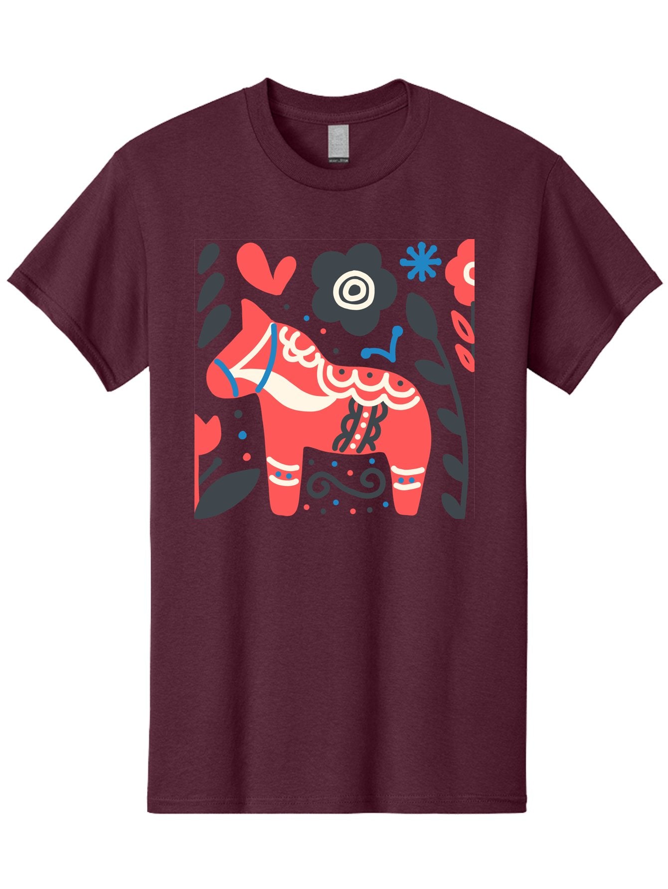 Dala-Horse Men'S Graphic Tee, 100% Cotton, Comfortable Casual Summer Wear, Machine Washable, Traditional Swedish Dala Horse, Folk Art, Floral Patterns, Vibrant Red, Whimsical Design, Decorative Elements, Festive Atmosphere, Cultural Heritage, Aab687 7