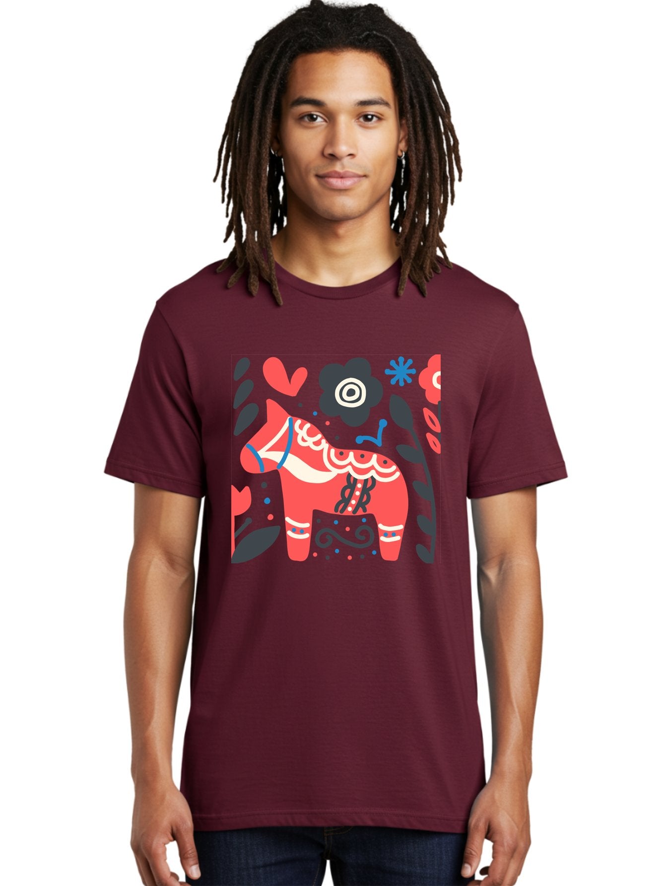 Dala-Horse Men'S Graphic Tee, 100% Cotton, Comfortable Casual Summer Wear, Machine Washable, Traditional Swedish Dala Horse, Folk Art, Floral Patterns, Vibrant Red, Whimsical Design, Decorative Elements, Festive Atmosphere, Cultural Heritage, Aab687 16