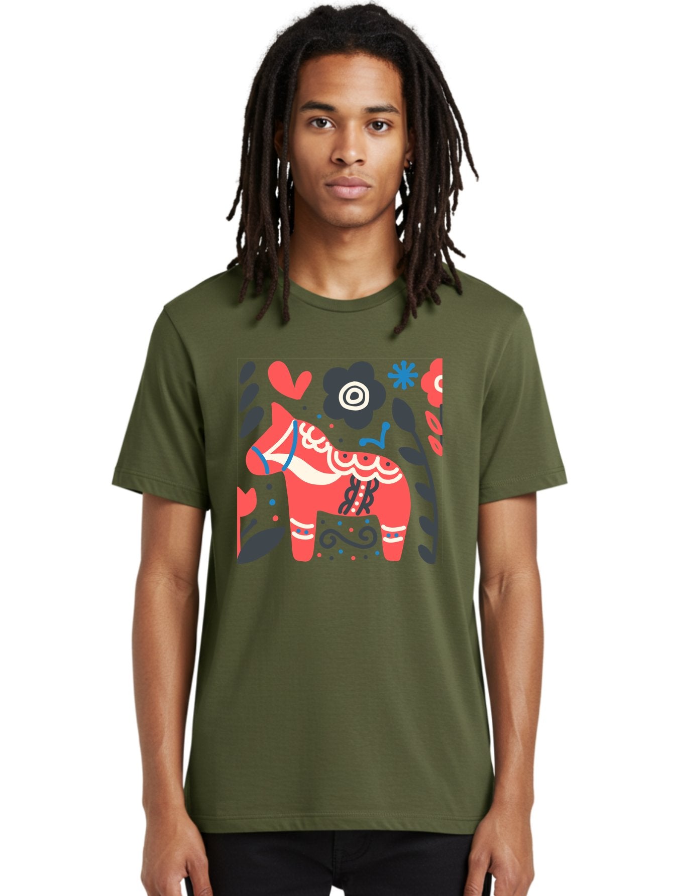 Dala-Horse Men'S Graphic Tee, 100% Cotton, Comfortable Casual Summer Wear, Machine Washable, Traditional Swedish Dala Horse, Folk Art, Floral Patterns, Vibrant Red, Whimsical Design, Decorative Elements, Festive Atmosphere, Cultural Heritage, Aab687 24