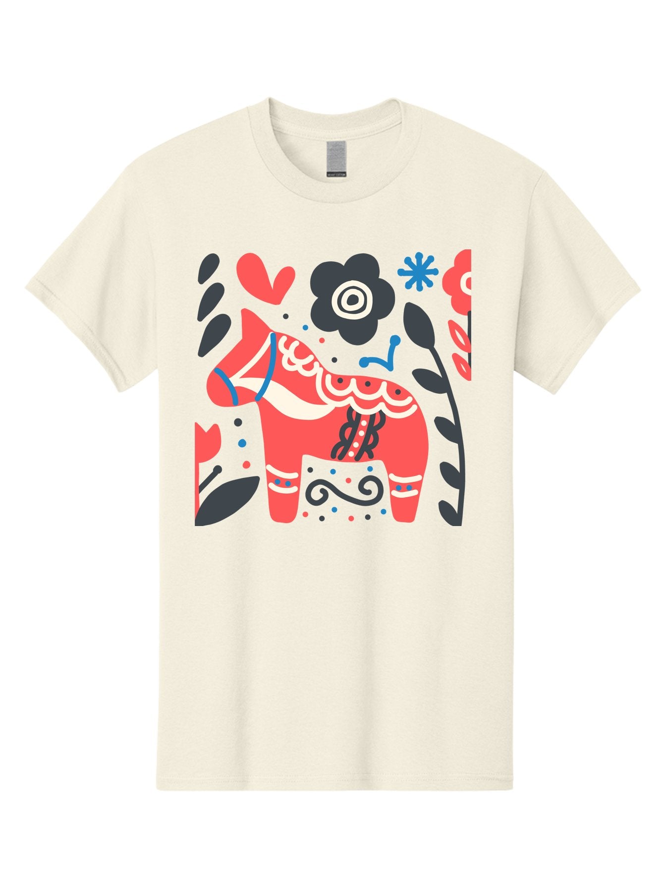Dala-Horse Men'S Graphic Tee, 100% Cotton, Comfortable Casual Summer Wear, Machine Washable, Traditional Swedish Dala Horse, Folk Art, Floral Patterns, Vibrant Red, Whimsical Design, Decorative Elements, Festive Atmosphere, Cultural Heritage, Aab687 14