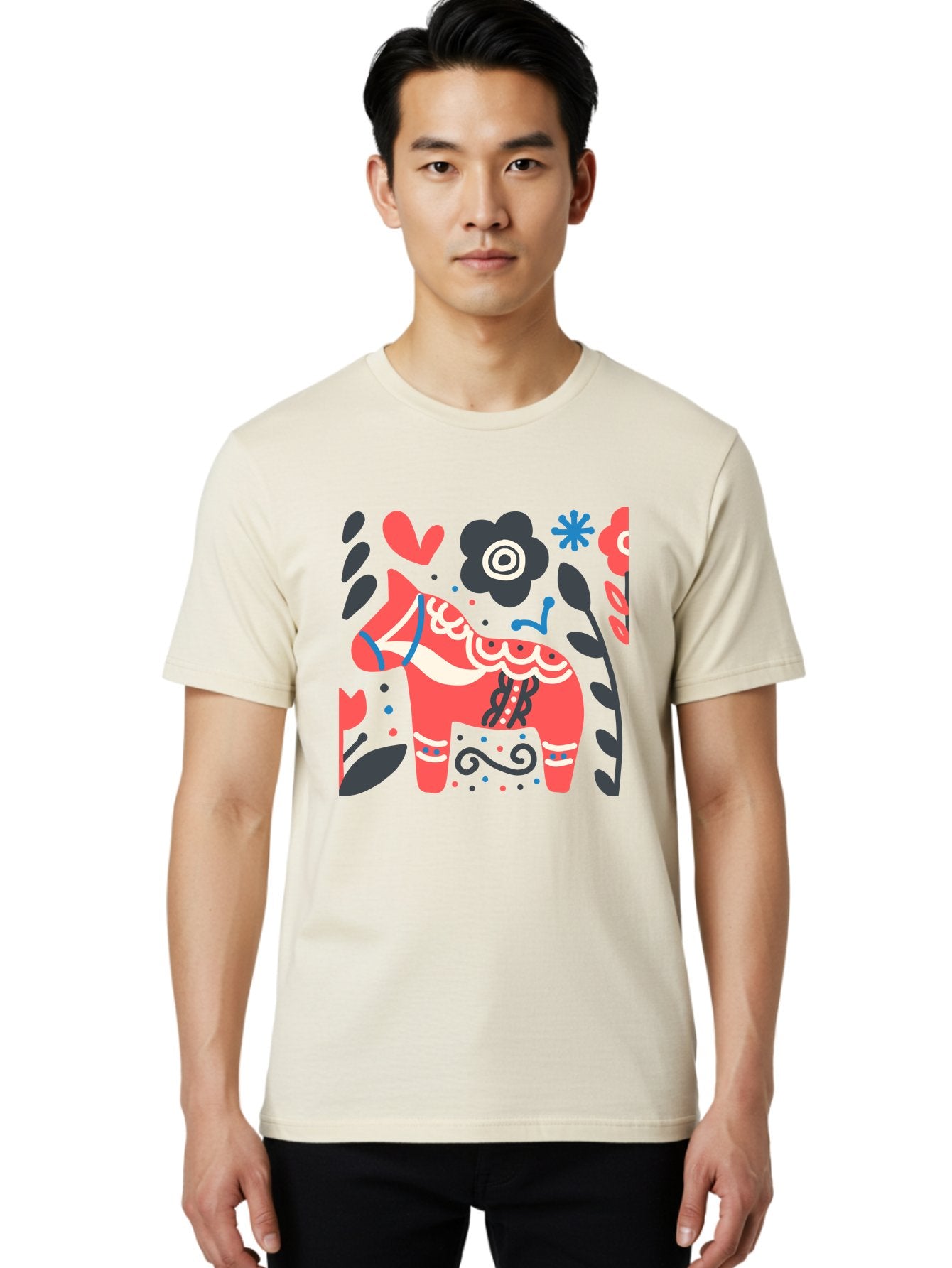 Dala-Horse Men'S Graphic Tee, 100% Cotton, Comfortable Casual Summer Wear, Machine Washable, Traditional Swedish Dala Horse, Folk Art, Floral Patterns, Vibrant Red, Whimsical Design, Decorative Elements, Festive Atmosphere, Cultural Heritage, Aab687 29