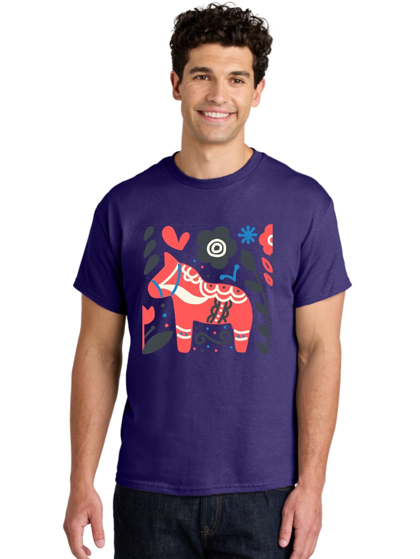 Dala-Horse Men'S Graphic Tee, 100% Cotton, Comfortable Casual Summer Wear, Machine Washable, Traditional Swedish Dala Horse, Folk Art, Floral Patterns, Vibrant Red, Whimsical Design, Decorative Elements, Festive Atmosphere, Cultural Heritage, Aab687 28