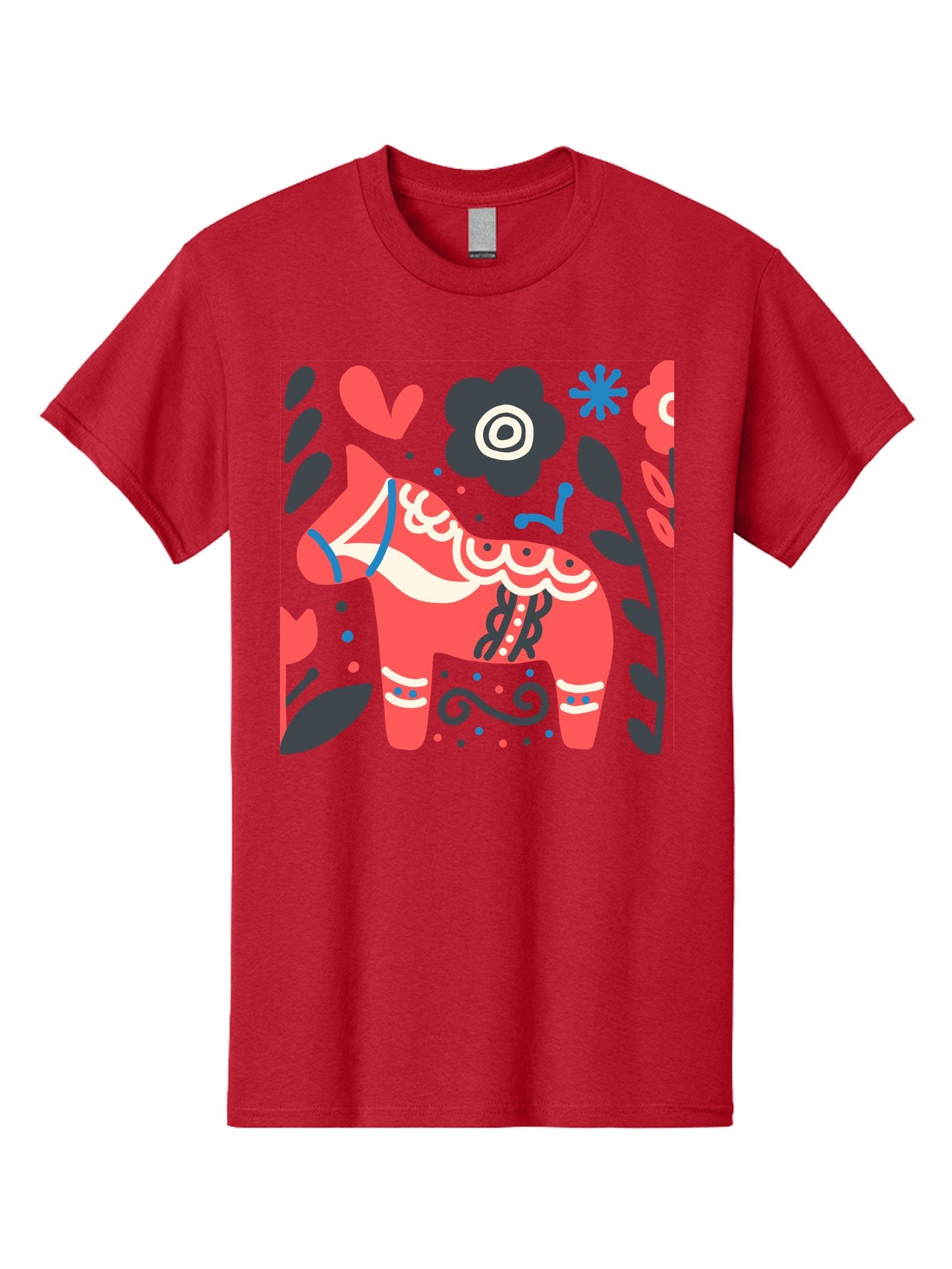 Dala-Horse Men'S Graphic Tee, 100% Cotton, Comfortable Casual Summer Wear, Machine Washable, Traditional Swedish Dala Horse, Folk Art, Floral Patterns, Vibrant Red, Whimsical Design, Decorative Elements, Festive Atmosphere, Cultural Heritage, Aab687 11
