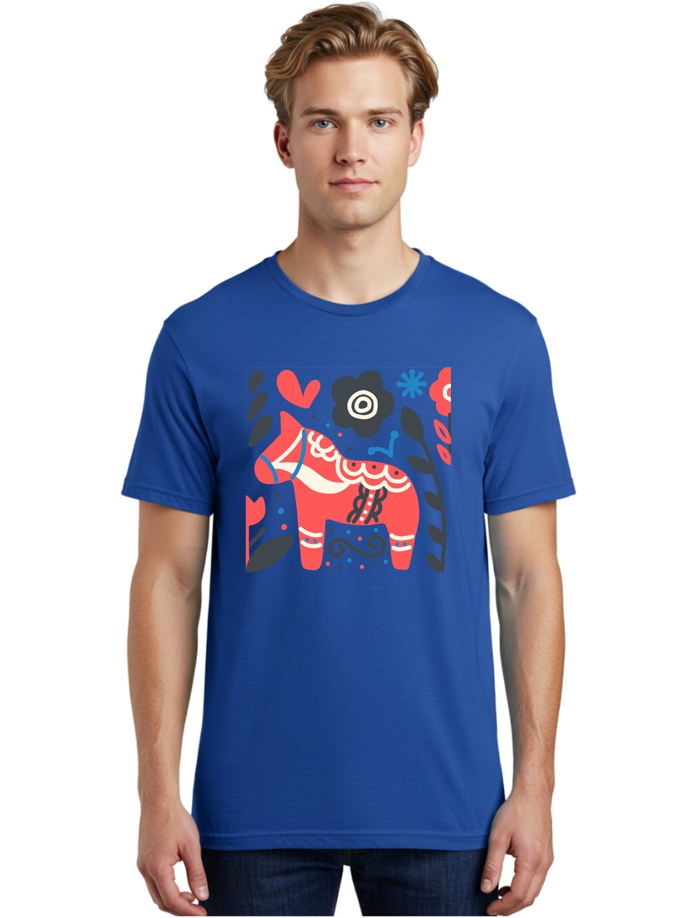 Dala-Horse Men'S Graphic Tee, 100% Cotton, Comfortable Casual Summer Wear, Machine Washable, Traditional Swedish Dala Horse, Folk Art, Floral Patterns, Vibrant Red, Whimsical Design, Decorative Elements, Festive Atmosphere, Cultural Heritage, Aab687 21
