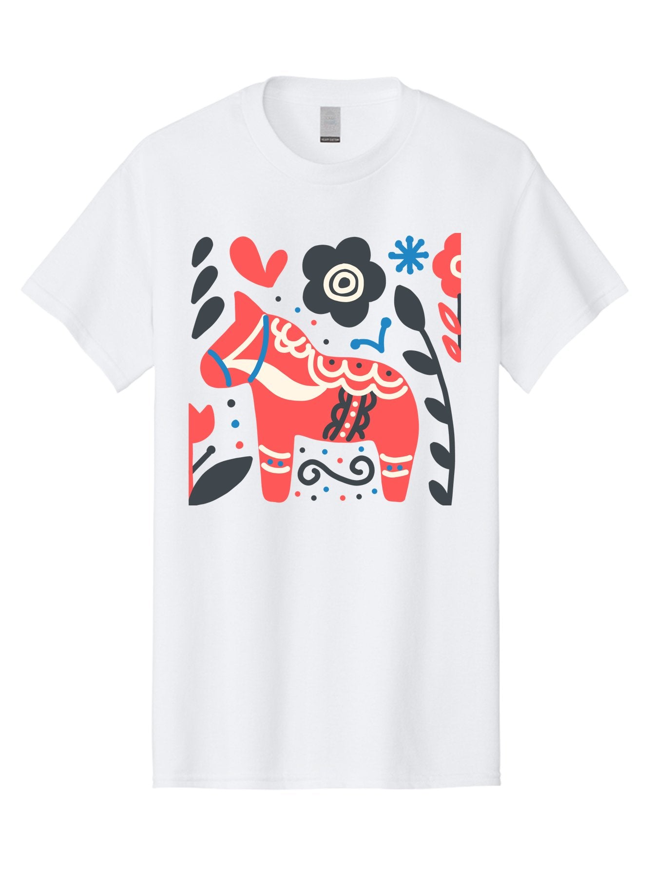 Dala-Horse Men'S Graphic Tee, 100% Cotton, Comfortable Casual Summer Wear, Machine Washable, Traditional Swedish Dala Horse, Folk Art, Floral Patterns, Vibrant Red, Whimsical Design, Decorative Elements, Festive Atmosphere, Cultural Heritage, Aab687 4
