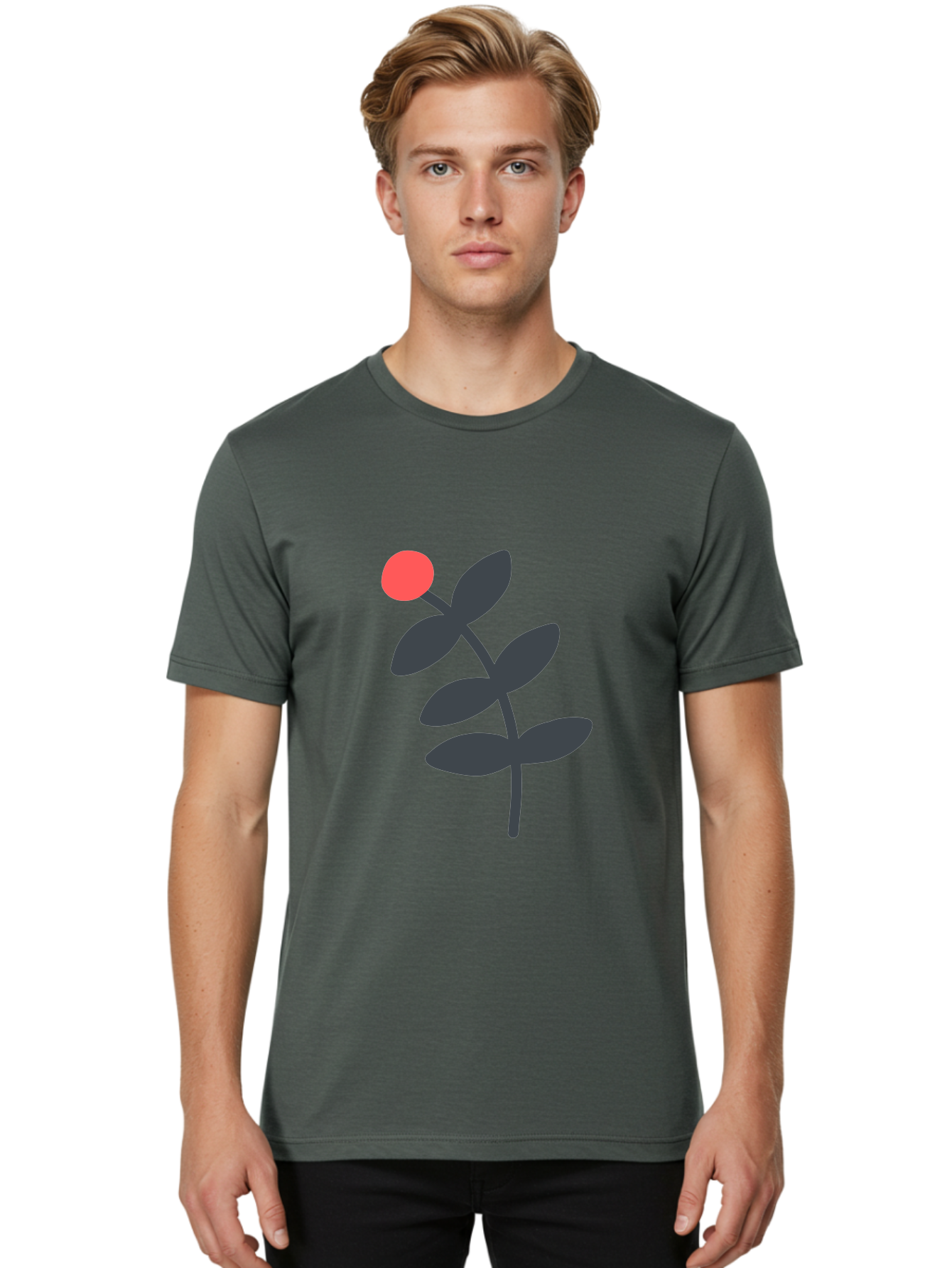 Dark-Purple-Leaves-With-Red-Berry Men'S Graphic Tee, 100% Cotton, Comfortable Casual Summer Wear, Machine Washable, Red Berry, Dark Leaves, Simple Graphic, Minimalist Design, Floral Illustration, Botanical Art, Modern Style, Bold Colors Aab689 4