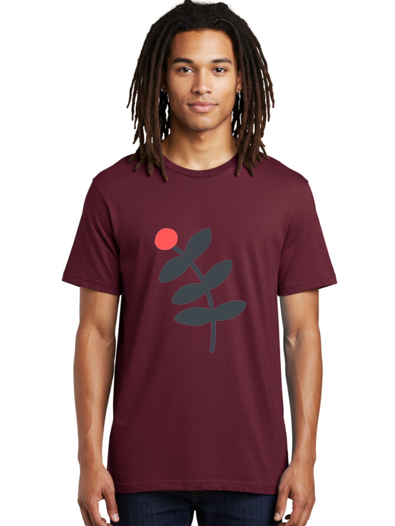 Dark-Purple-Leaves-With-Red-Berry Men'S Graphic Tee, 100% Cotton, Comfortable Casual Summer Wear, Machine Washable, Red Berry, Dark Leaves, Simple Graphic, Minimalist Design, Floral Illustration, Botanical Art, Modern Style, Bold Colors Aab689 28