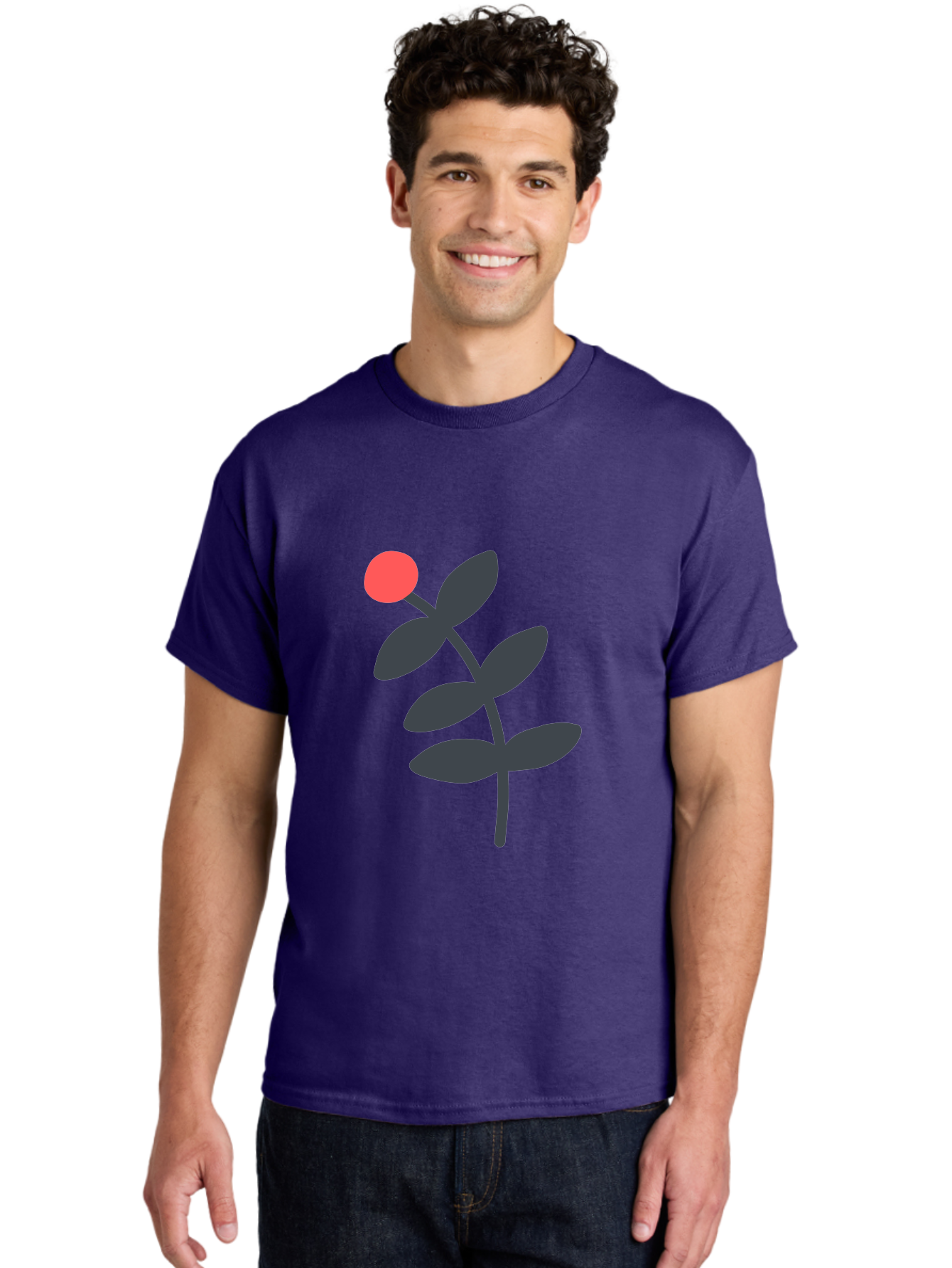 Dark-Purple-Leaves-With-Red-Berry Men'S Graphic Tee, 100% Cotton, Comfortable Casual Summer Wear, Machine Washable, Red Berry, Dark Leaves, Simple Graphic, Minimalist Design, Floral Illustration, Botanical Art, Modern Style, Bold Colors Aab689 14