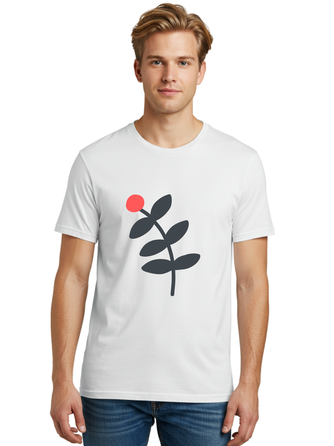 Dark-Purple-Leaves-With-Red-Berry Men'S Graphic Tee, 100% Cotton, Comfortable Casual Summer Wear, Machine Washable, Red Berry, Dark Leaves, Simple Graphic, Minimalist Design, Floral Illustration, Botanical Art, Modern Style, Bold Colors Aab689 12