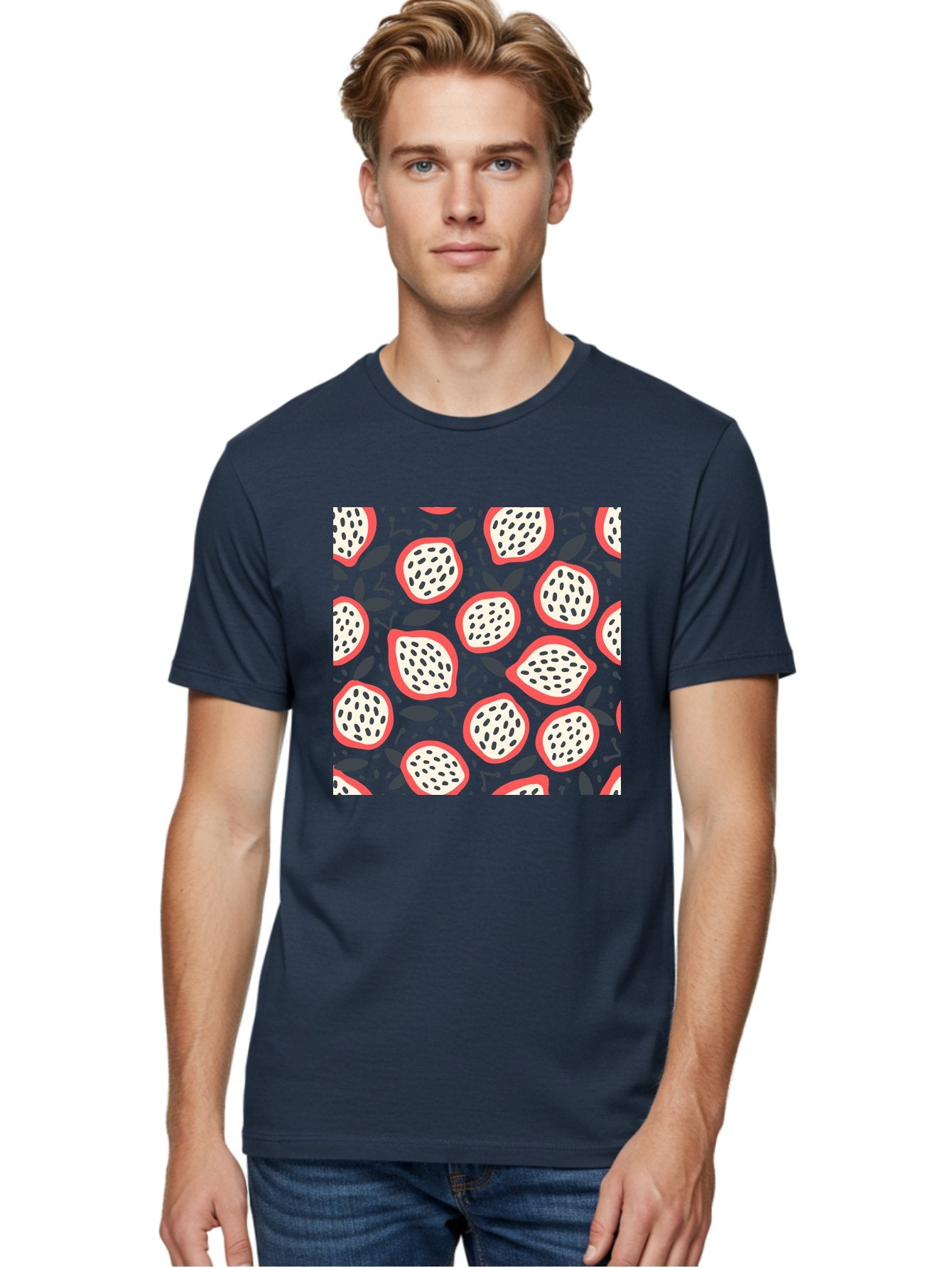 Dragon-Fruit-Pattern Men'S Graphic Tee, 100% Cotton, Comfortable Casual Summer Wear, Machine Washable, Dragon Fruit, Exotic Fruit, Tropical Pattern, Sliced Fruit, Black Seeds, Leaves, Pink Skin, White Flesh, Fruit Design, Seamless Pattern, Aab694 28