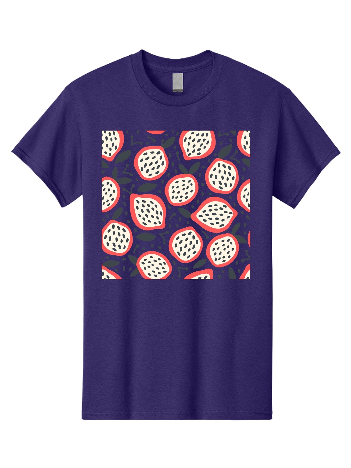 Dragon-Fruit-Pattern Men'S Graphic Tee, 100% Cotton, Comfortable Casual Summer Wear, Machine Washable, Dragon Fruit, Exotic Fruit, Tropical Pattern, Sliced Fruit, Black Seeds, Leaves, Pink Skin, White Flesh, Fruit Design, Seamless Pattern, Aab694