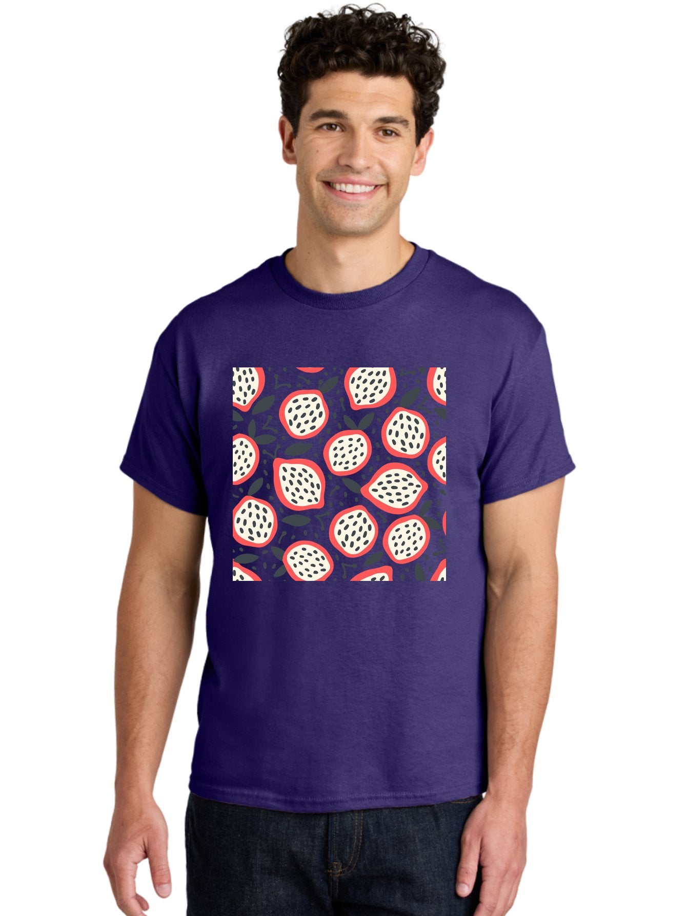 Dragon-Fruit-Pattern Men'S Graphic Tee, 100% Cotton, Comfortable Casual Summer Wear, Machine Washable, Dragon Fruit, Exotic Fruit, Tropical Pattern, Sliced Fruit, Black Seeds, Leaves, Pink Skin, White Flesh, Fruit Design, Seamless Pattern, Aab694 19