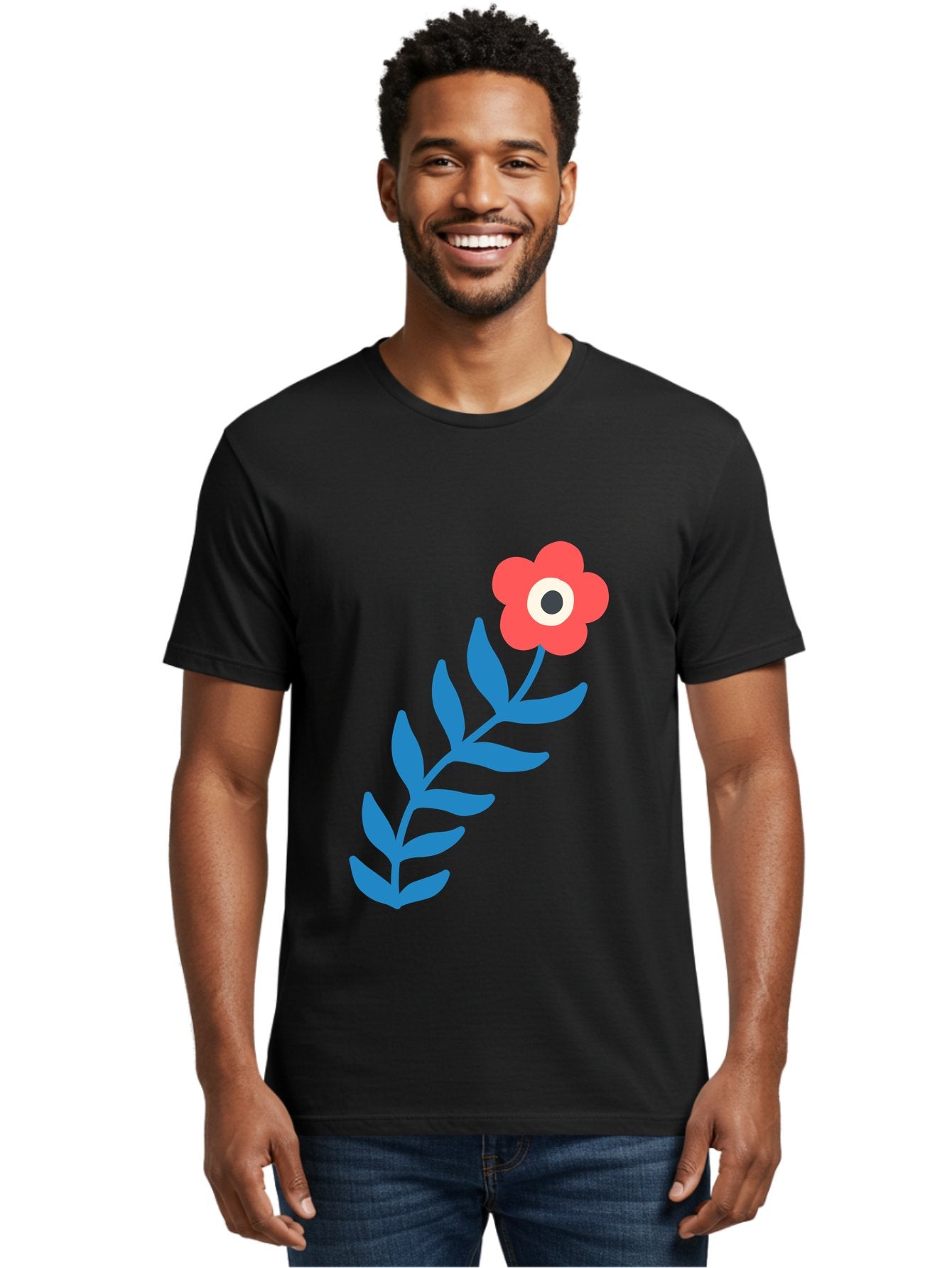 Evil-Eye-Flower Men'S Graphic Tee, 100% Cotton, Comfortable Casual Summer Wear, Machine Washable, Red Flower With White And Black Center, Blue Leaves, Abstract Floral Design, Modern Art, Stylized Bloom, Simple Shapes, Minimalist Illustration Aab697 23
