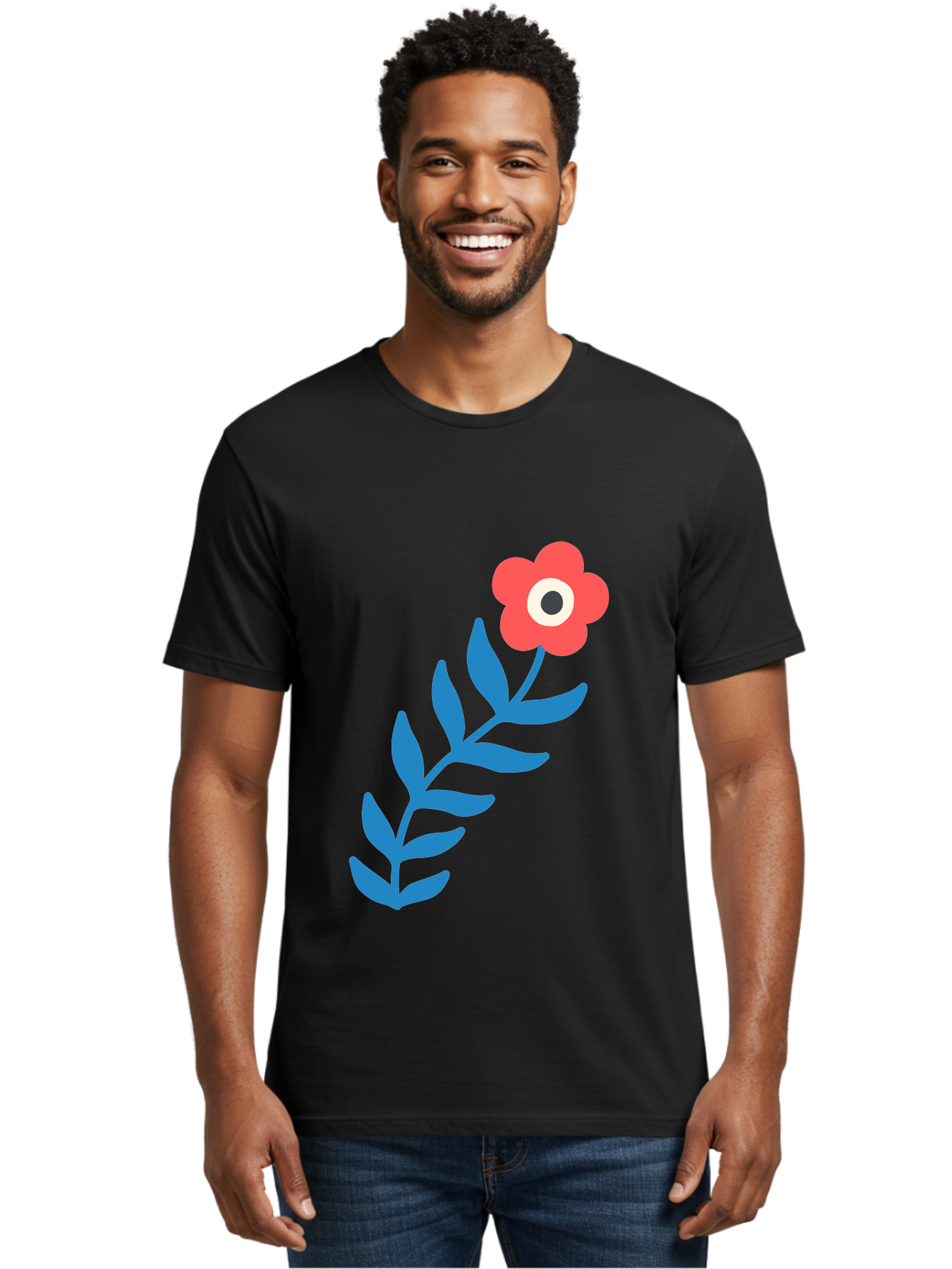 Evil-Eye-Flower Men'S Graphic Tee, 100% Cotton, Comfortable Casual Summer Wear, Machine Washable, Red Flower With White And Black Center, Blue Leaves, Abstract Floral Design, Modern Art, Stylized Bloom, Simple Shapes, Minimalist Illustration Aab697 16