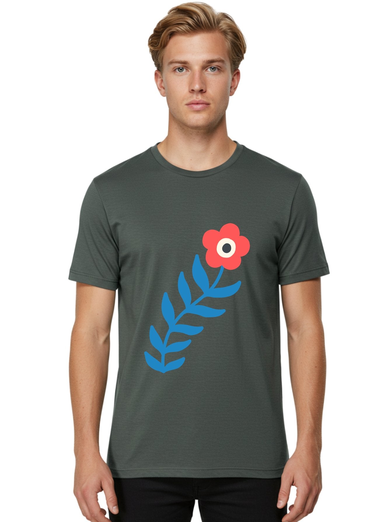 Evil-Eye-Flower Men'S Graphic Tee, 100% Cotton, Comfortable Casual Summer Wear, Machine Washable, Red Flower With White And Black Center, Blue Leaves, Abstract Floral Design, Modern Art, Stylized Bloom, Simple Shapes, Minimalist Illustration Aab697 28