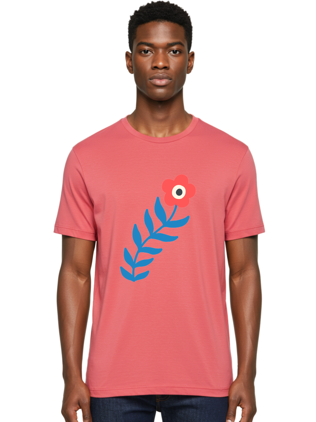 Evil-Eye-Flower Men'S Graphic Tee, 100% Cotton, Comfortable Casual Summer Wear, Machine Washable, Red Flower With White And Black Center, Blue Leaves, Abstract Floral Design, Modern Art, Stylized Bloom, Simple Shapes, Minimalist Illustration Aab697 24