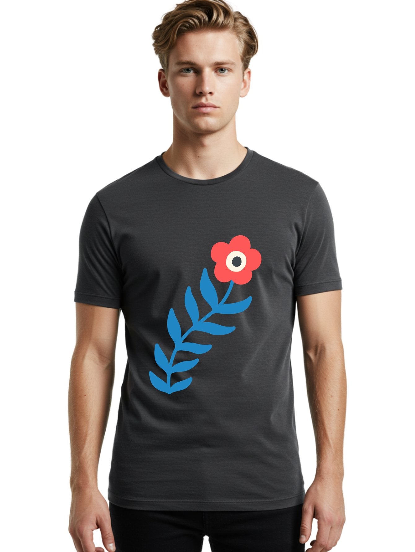 Evil-Eye-Flower Men'S Graphic Tee, 100% Cotton, Comfortable Casual Summer Wear, Machine Washable, Red Flower With White And Black Center, Blue Leaves, Abstract Floral Design, Modern Art, Stylized Bloom, Simple Shapes, Minimalist Illustration Aab697 24