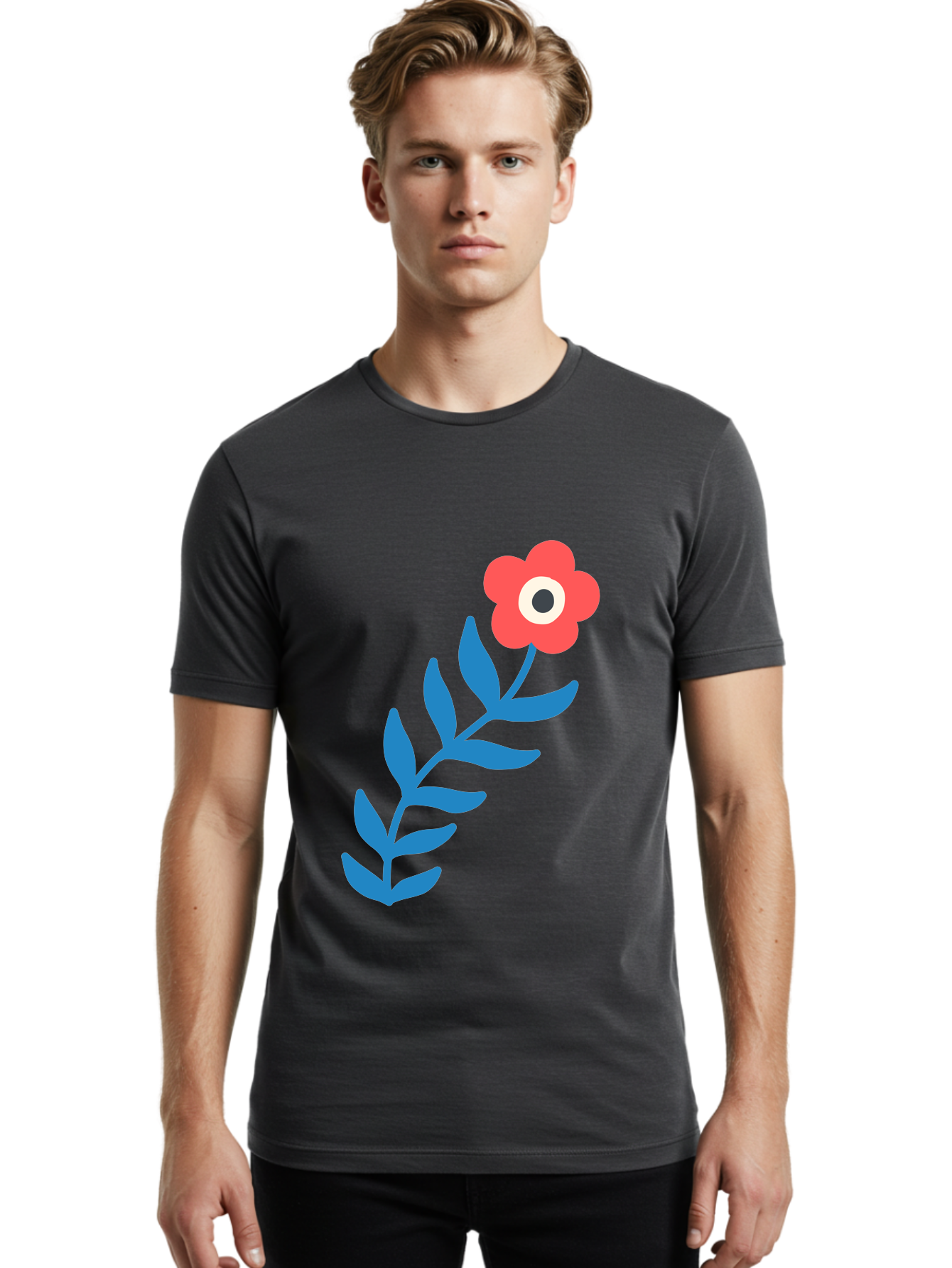 Evil-Eye-Flower Men'S Graphic Tee, 100% Cotton, Comfortable Casual Summer Wear, Machine Washable, Red Flower With White And Black Center, Blue Leaves, Abstract Floral Design, Modern Art, Stylized Bloom, Simple Shapes, Minimalist Illustration Aab697 14