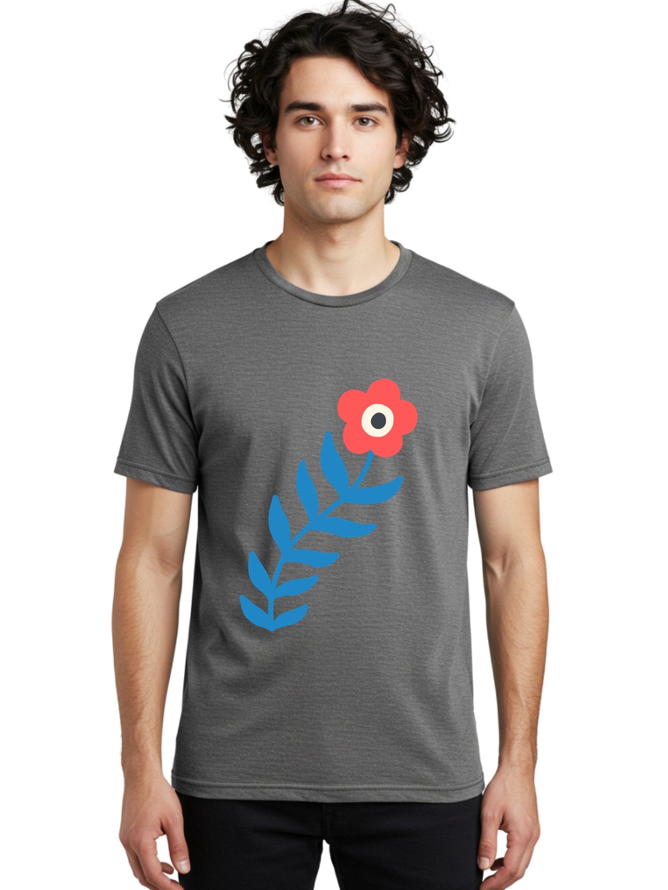Evil-Eye-Flower Men'S Graphic Tee, 100% Cotton, Comfortable Casual Summer Wear, Machine Washable, Red Flower With White And Black Center, Blue Leaves, Abstract Floral Design, Modern Art, Stylized Bloom, Simple Shapes, Minimalist Illustration Aab697 17