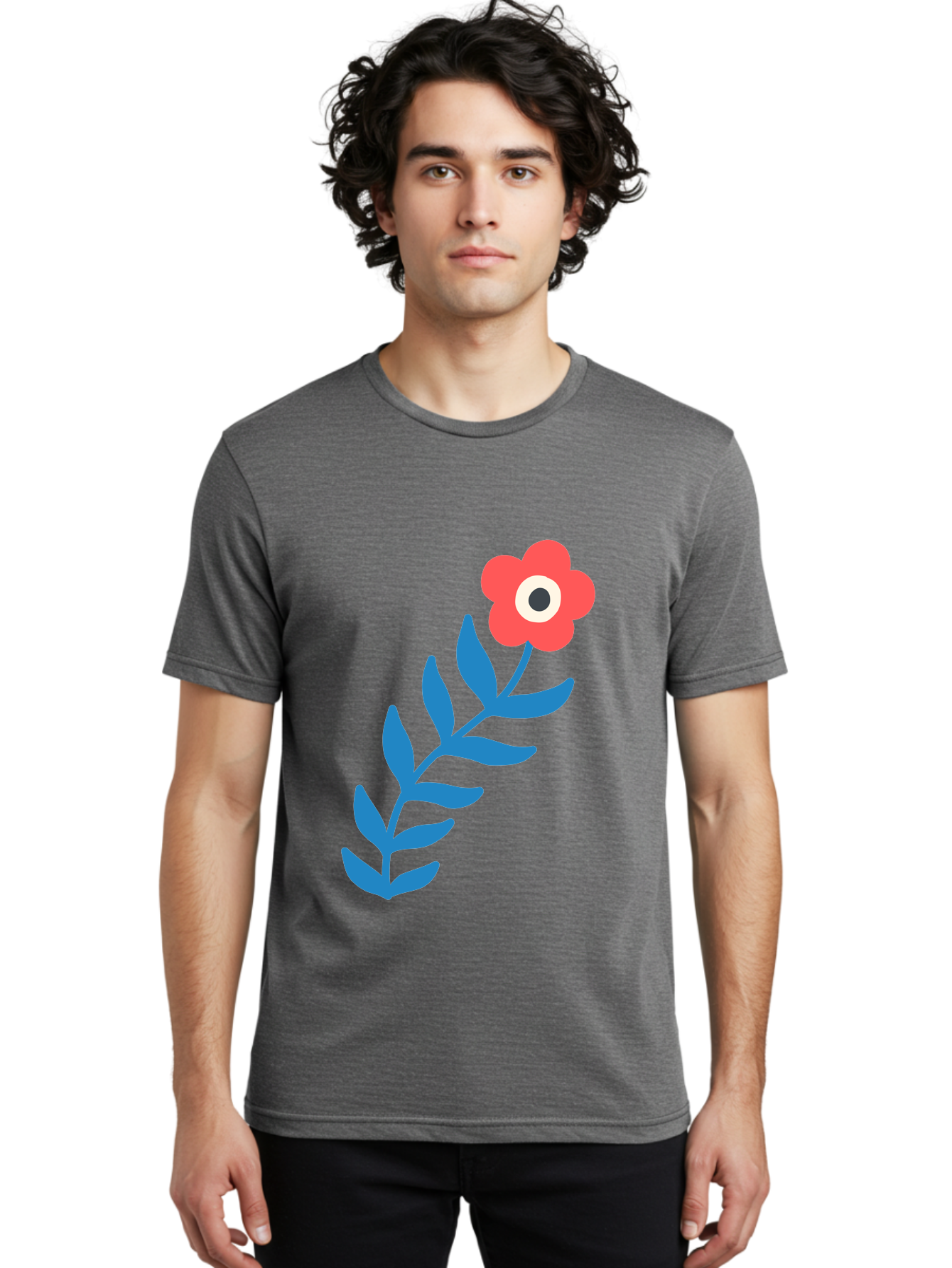 Evil-Eye-Flower Men'S Graphic Tee, 100% Cotton, Comfortable Casual Summer Wear, Machine Washable, Red Flower With White And Black Center, Blue Leaves, Abstract Floral Design, Modern Art, Stylized Bloom, Simple Shapes, Minimalist Illustration Aab697 28
