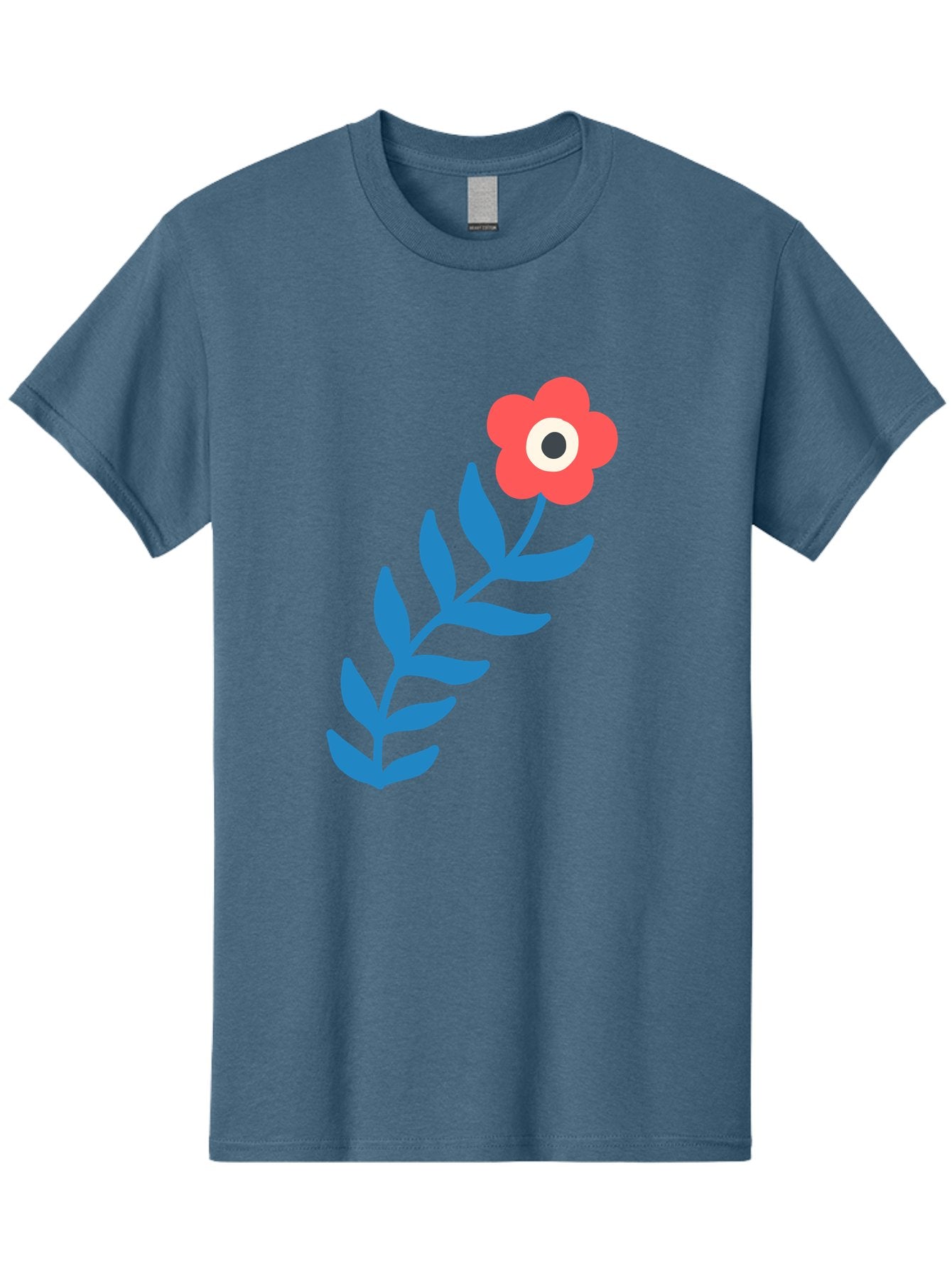 Evil-Eye-Flower Men'S Graphic Tee, 100% Cotton, Comfortable Casual Summer Wear, Machine Washable, Red Flower With White And Black Center, Blue Leaves, Abstract Floral Design, Modern Art, Stylized Bloom, Simple Shapes, Minimalist Illustration Aab697