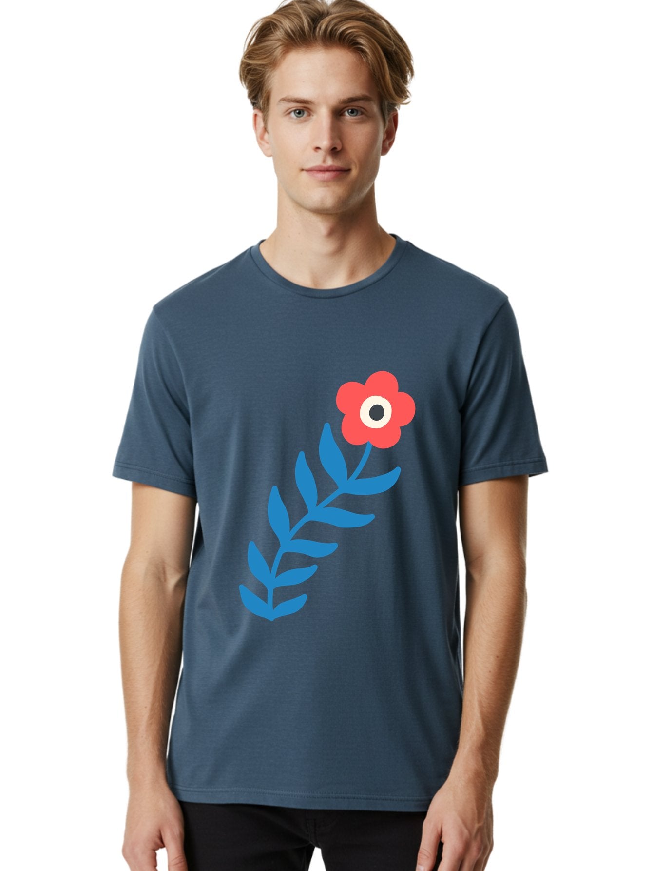 Evil-Eye-Flower Men'S Graphic Tee, 100% Cotton, Comfortable Casual Summer Wear, Machine Washable, Red Flower With White And Black Center, Blue Leaves, Abstract Floral Design, Modern Art, Stylized Bloom, Simple Shapes, Minimalist Illustration Aab697 19