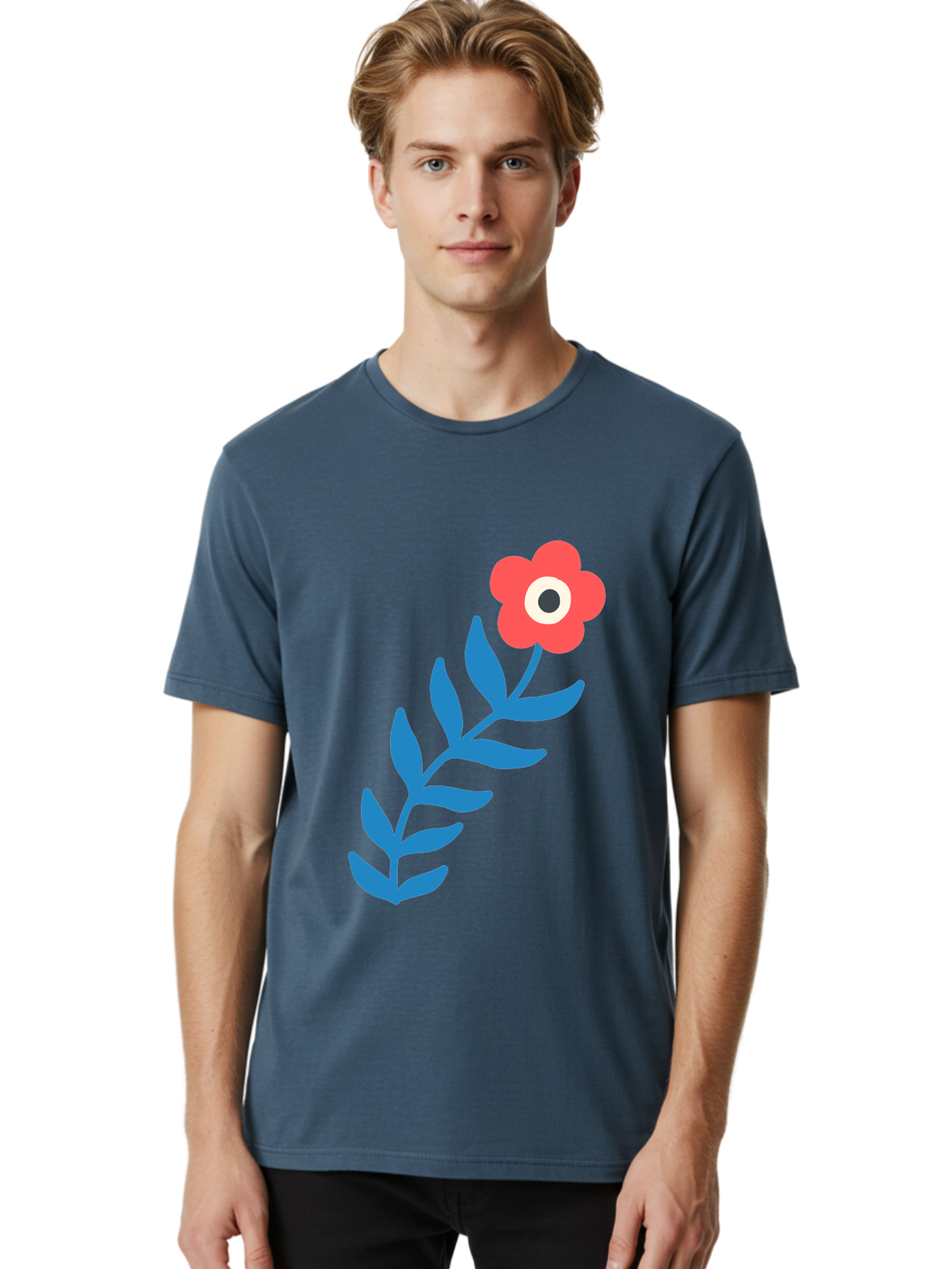 Evil-Eye-Flower Men'S Graphic Tee, 100% Cotton, Comfortable Casual Summer Wear, Machine Washable, Red Flower With White And Black Center, Blue Leaves, Abstract Floral Design, Modern Art, Stylized Bloom, Simple Shapes, Minimalist Illustration Aab697 22