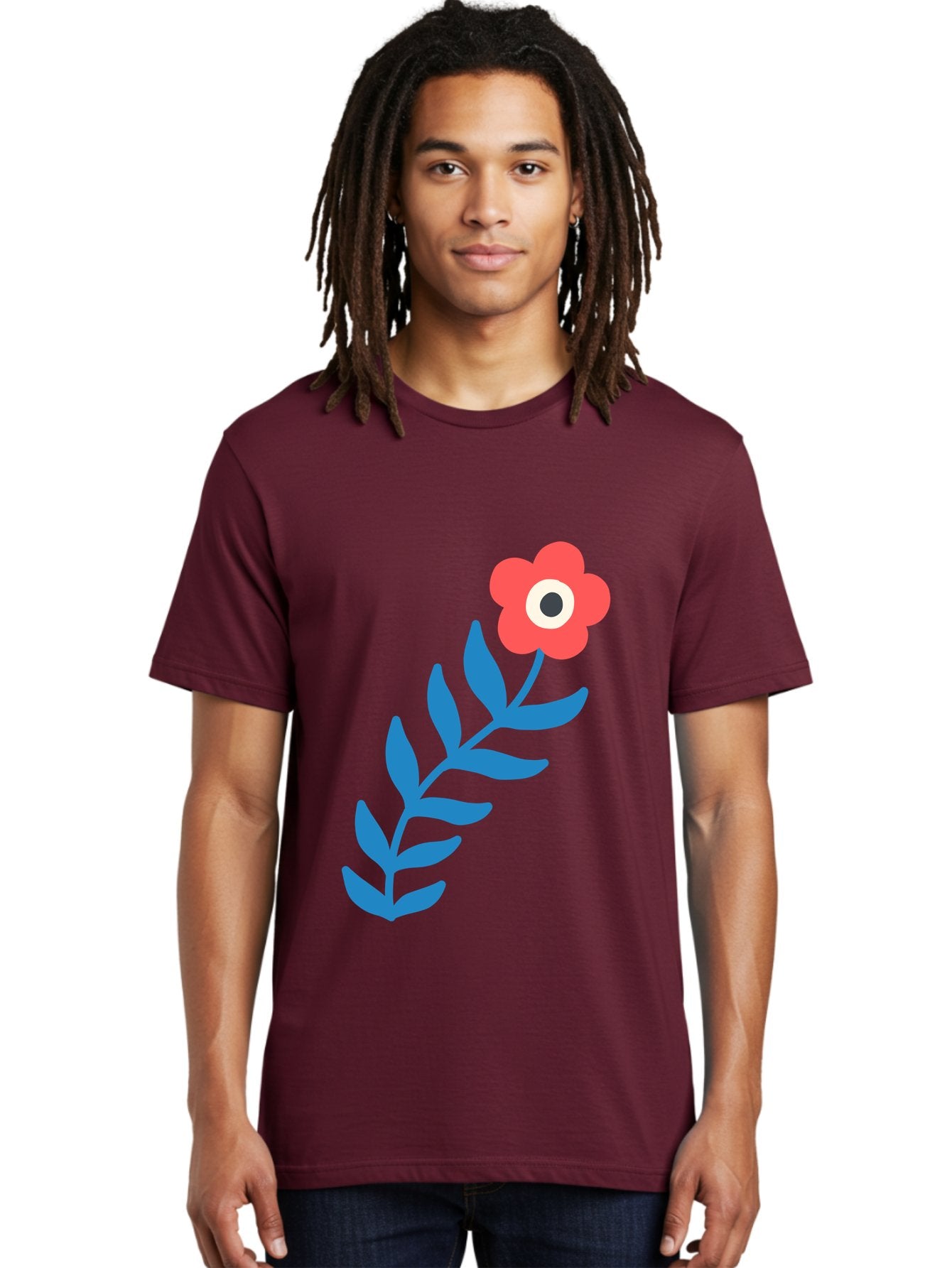 Evil-Eye-Flower Men'S Graphic Tee, 100% Cotton, Comfortable Casual Summer Wear, Machine Washable, Red Flower With White And Black Center, Blue Leaves, Abstract Floral Design, Modern Art, Stylized Bloom, Simple Shapes, Minimalist Illustration Aab697 22