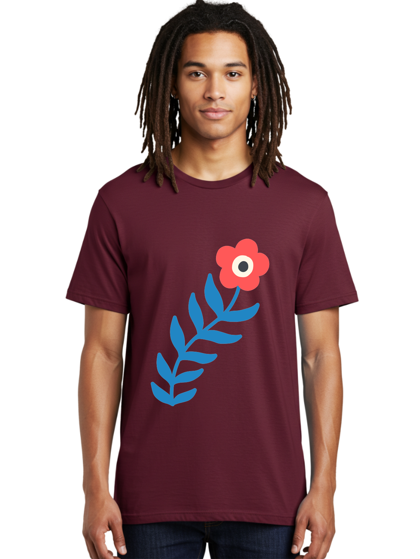 Evil-Eye-Flower Men'S Graphic Tee, 100% Cotton, Comfortable Casual Summer Wear, Machine Washable, Red Flower With White And Black Center, Blue Leaves, Abstract Floral Design, Modern Art, Stylized Bloom, Simple Shapes, Minimalist Illustration Aab697 18