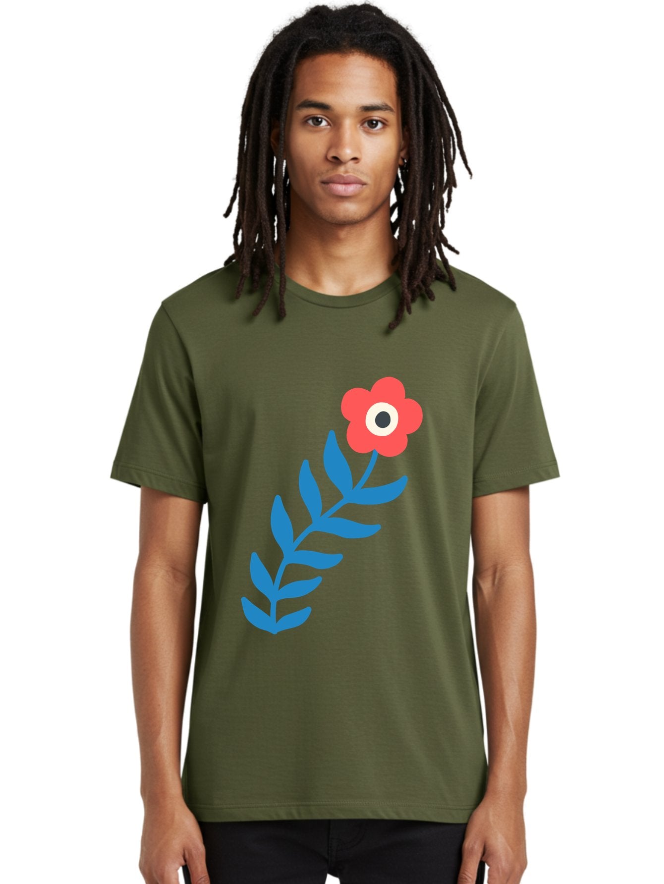 Evil-Eye-Flower Men'S Graphic Tee, 100% Cotton, Comfortable Casual Summer Wear, Machine Washable, Red Flower With White And Black Center, Blue Leaves, Abstract Floral Design, Modern Art, Stylized Bloom, Simple Shapes, Minimalist Illustration Aab697 20