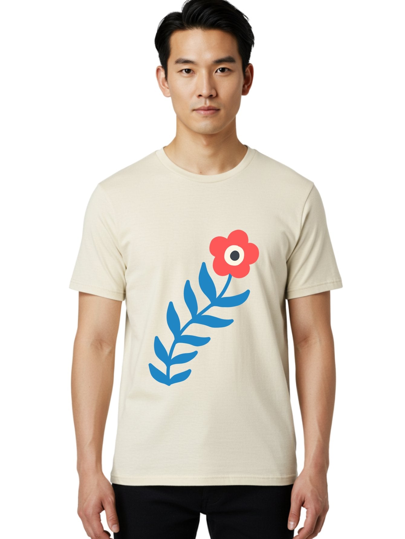 Evil-Eye-Flower Men'S Graphic Tee, 100% Cotton, Comfortable Casual Summer Wear, Machine Washable, Red Flower With White And Black Center, Blue Leaves, Abstract Floral Design, Modern Art, Stylized Bloom, Simple Shapes, Minimalist Illustration Aab697 26