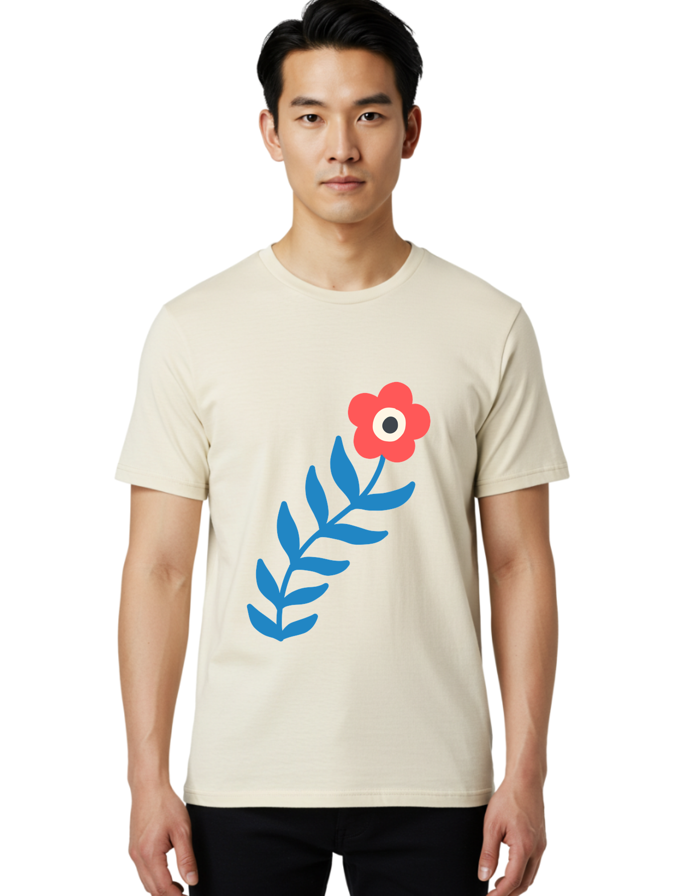 Evil-Eye-Flower Men'S Graphic Tee, 100% Cotton, Comfortable Casual Summer Wear, Machine Washable, Red Flower With White And Black Center, Blue Leaves, Abstract Floral Design, Modern Art, Stylized Bloom, Simple Shapes, Minimalist Illustration Aab697 10