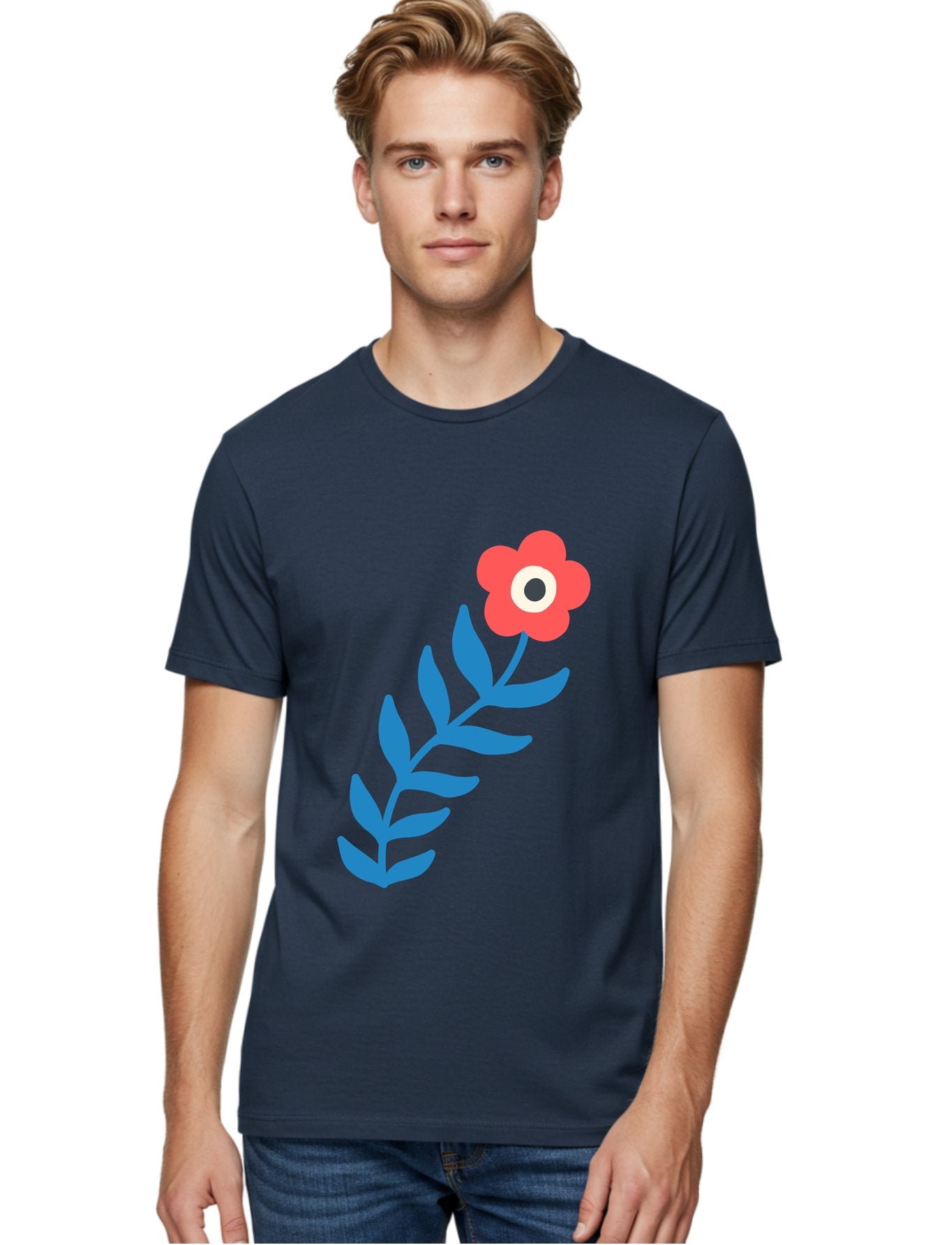 Evil-Eye-Flower Men'S Graphic Tee, 100% Cotton, Comfortable Casual Summer Wear, Machine Washable, Red Flower With White And Black Center, Blue Leaves, Abstract Floral Design, Modern Art, Stylized Bloom, Simple Shapes, Minimalist Illustration Aab697 27