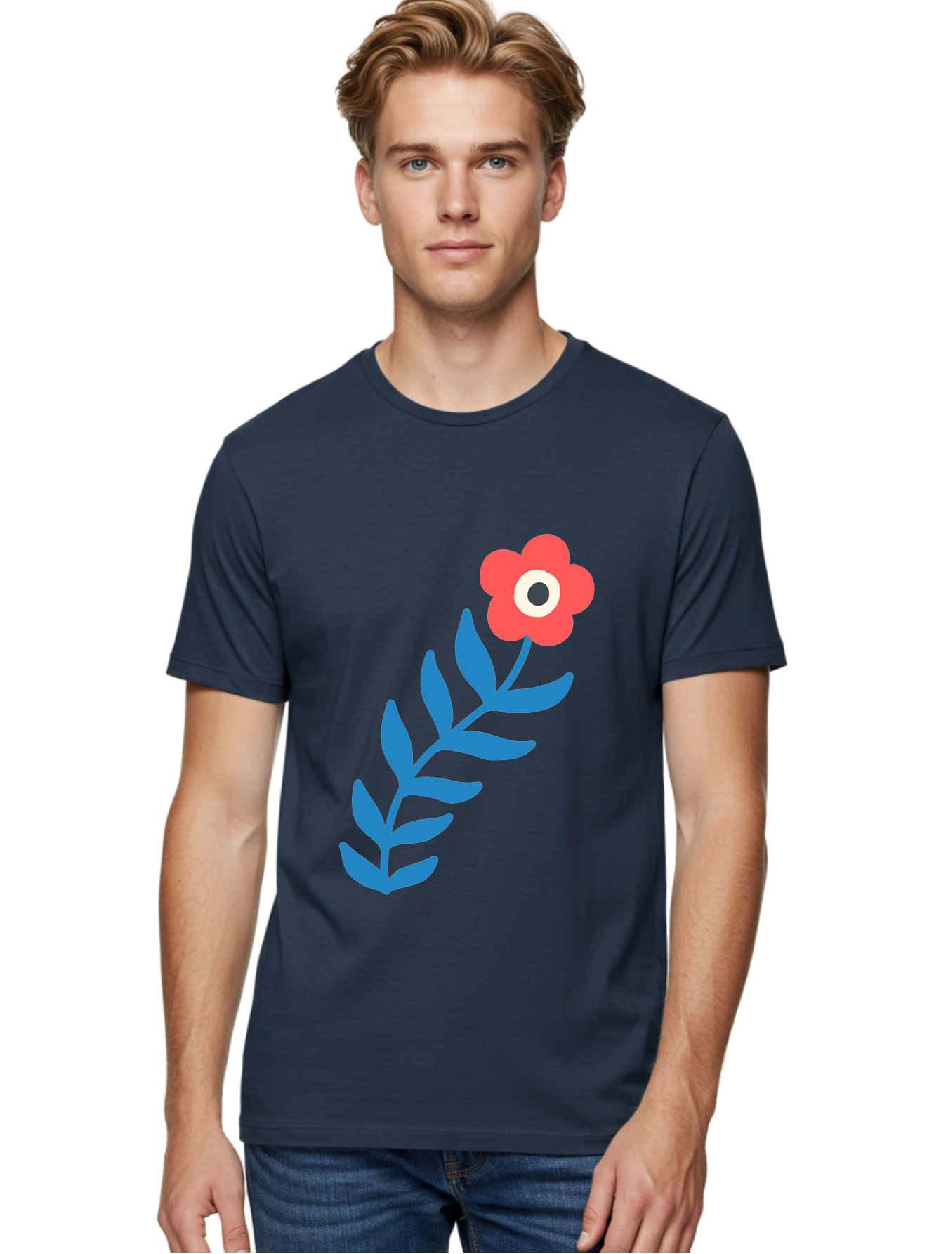 Evil-Eye-Flower Men'S Graphic Tee, 100% Cotton, Comfortable Casual Summer Wear, Machine Washable, Red Flower With White And Black Center, Blue Leaves, Abstract Floral Design, Modern Art, Stylized Bloom, Simple Shapes, Minimalist Illustration Aab697 8