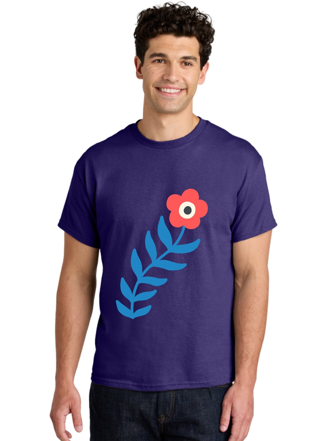 Evil-Eye-Flower Men'S Graphic Tee, 100% Cotton, Comfortable Casual Summer Wear, Machine Washable, Red Flower With White And Black Center, Blue Leaves, Abstract Floral Design, Modern Art, Stylized Bloom, Simple Shapes, Minimalist Illustration Aab697 21