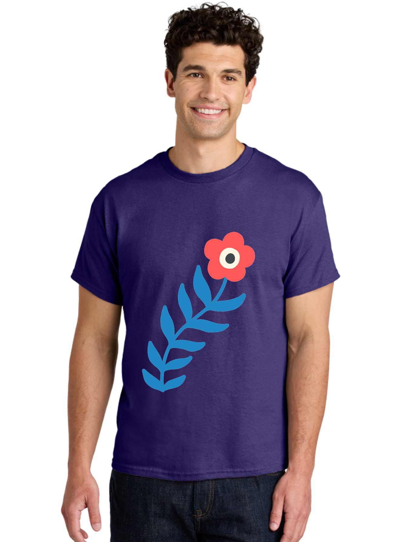 Evil-Eye-Flower Men'S Graphic Tee, 100% Cotton, Comfortable Casual Summer Wear, Machine Washable, Red Flower With White And Black Center, Blue Leaves, Abstract Floral Design, Modern Art, Stylized Bloom, Simple Shapes, Minimalist Illustration Aab697 20