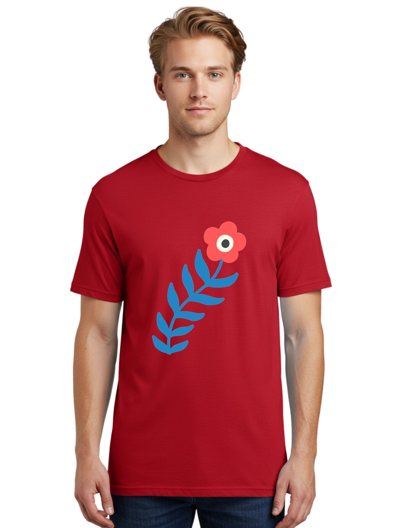 Evil-Eye-Flower Men'S Graphic Tee, 100% Cotton, Comfortable Casual Summer Wear, Machine Washable, Red Flower With White And Black Center, Blue Leaves, Abstract Floral Design, Modern Art, Stylized Bloom, Simple Shapes, Minimalist Illustration Aab697 29