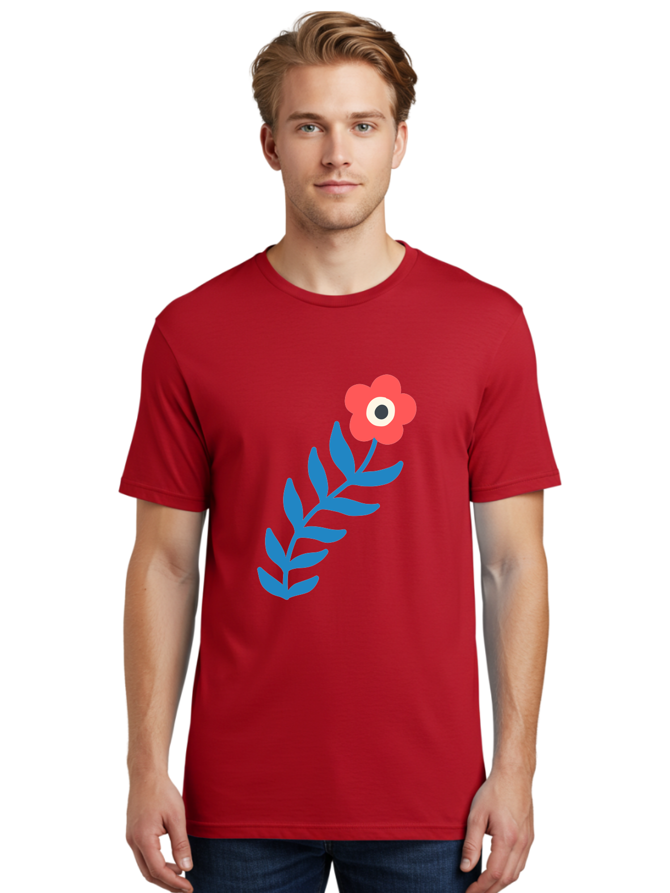 Evil-Eye-Flower Men'S Graphic Tee, 100% Cotton, Comfortable Casual Summer Wear, Machine Washable, Red Flower With White And Black Center, Blue Leaves, Abstract Floral Design, Modern Art, Stylized Bloom, Simple Shapes, Minimalist Illustration Aab697 4